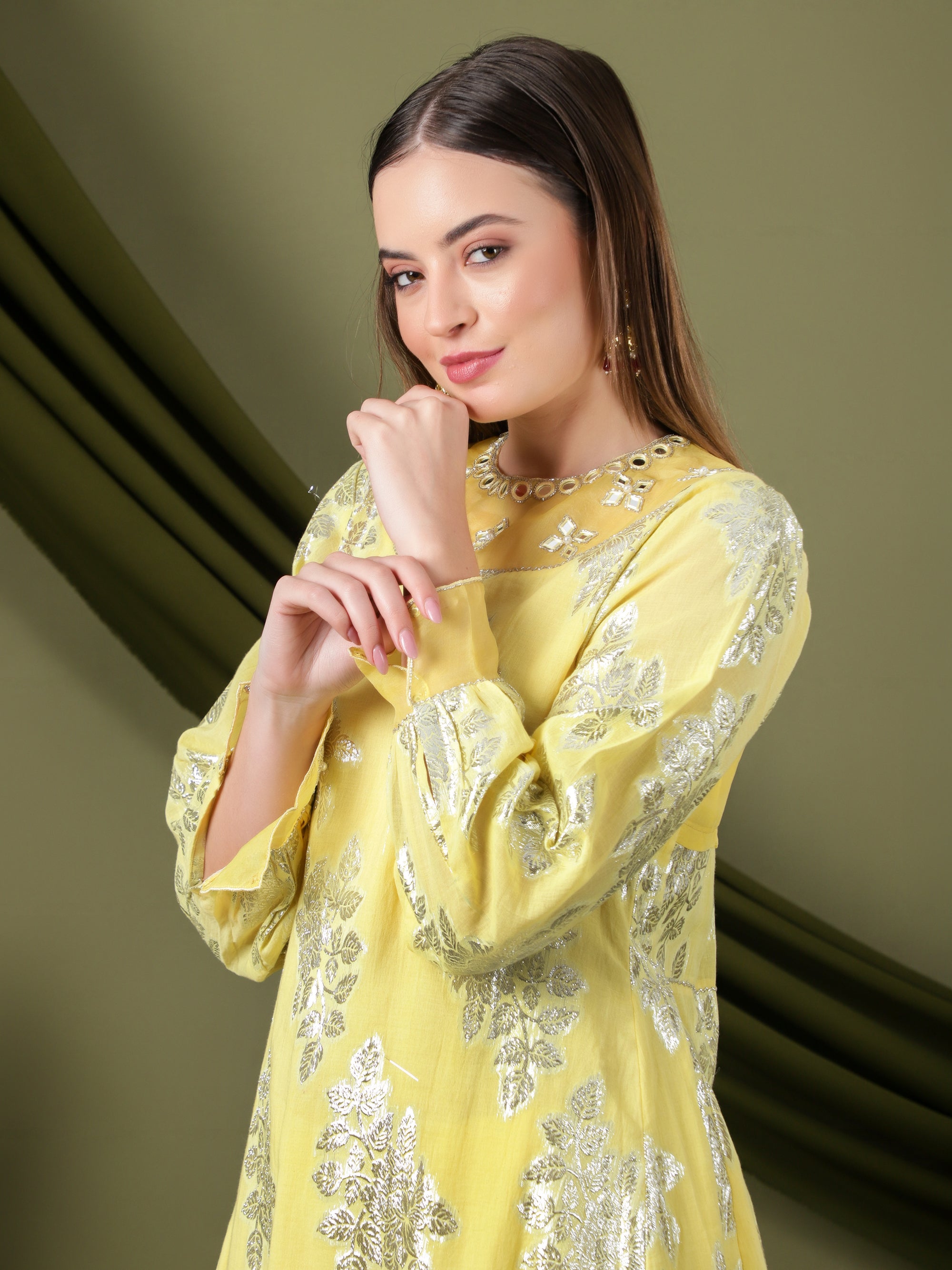 Women Lurex Mirror Work Kurta Set  - Yellow
