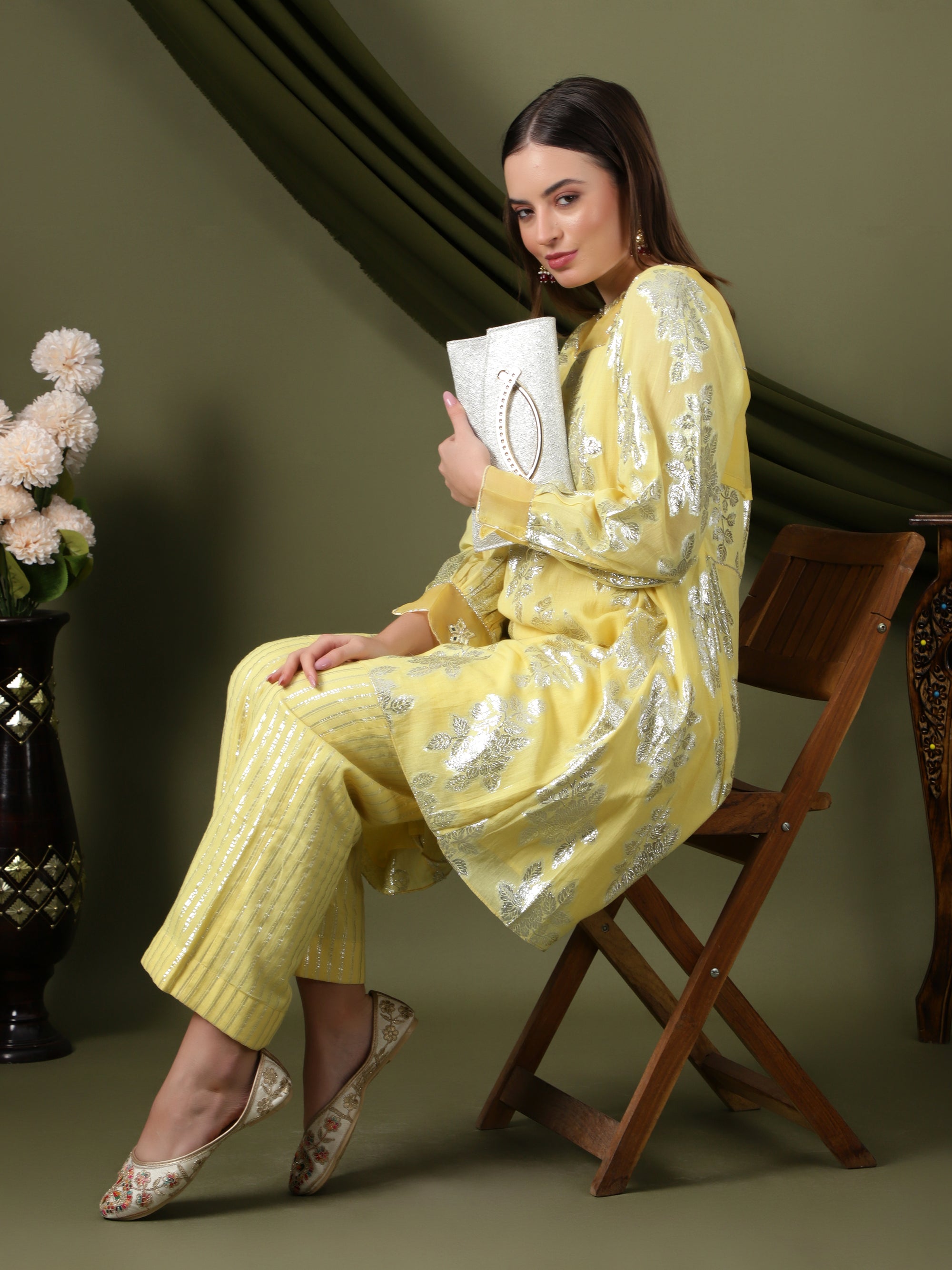 Women Lurex Mirror Work Kurta Set  - Yellow