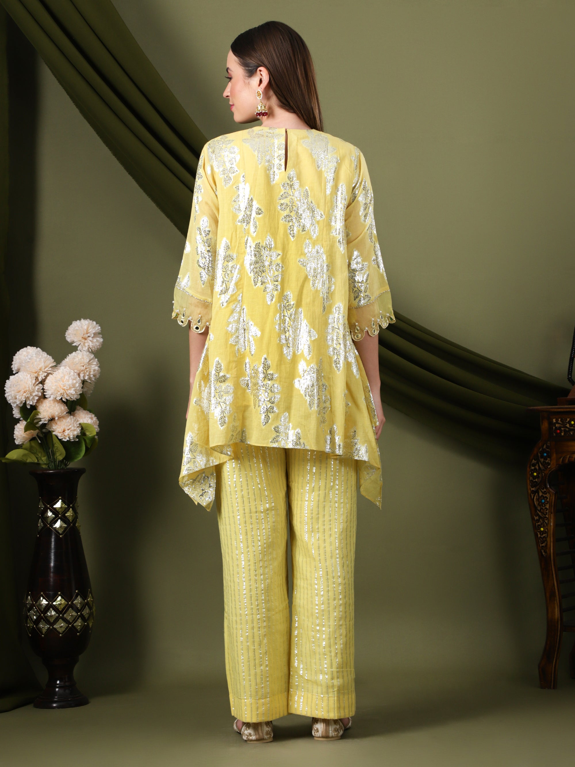 Women Lurex Cotton Co-Ord Set - Yellow