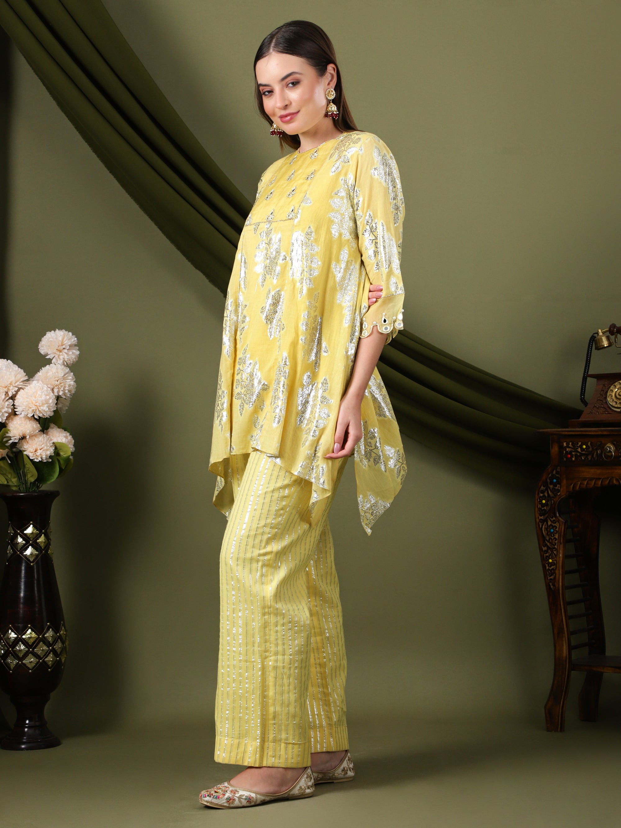 Women Lurex Cotton Co-Ord Set - Yellow