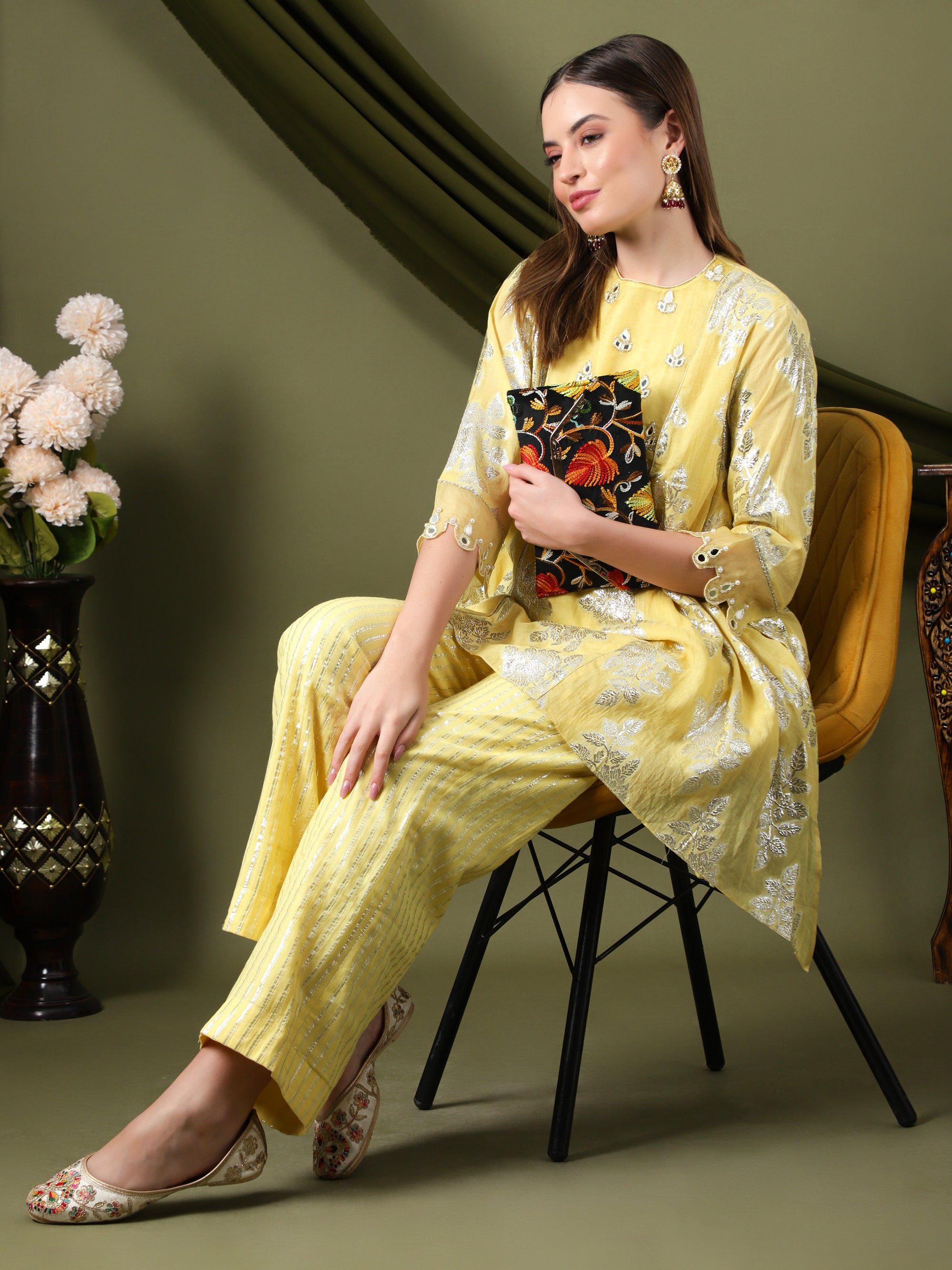 Women Lurex Cotton Co-Ord Set - Yellow