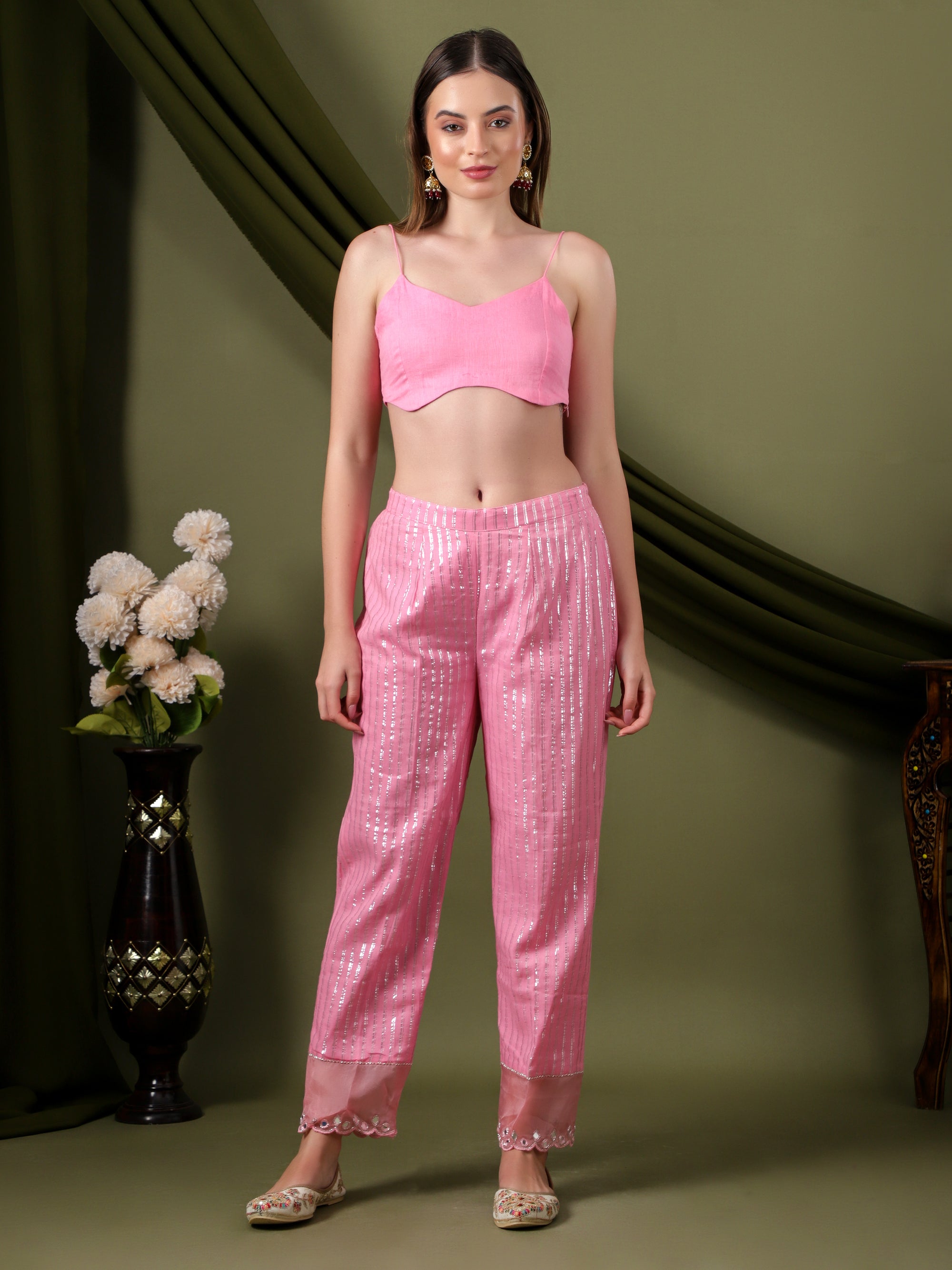Women Lurex Cotton Co-Ord Set - Pink