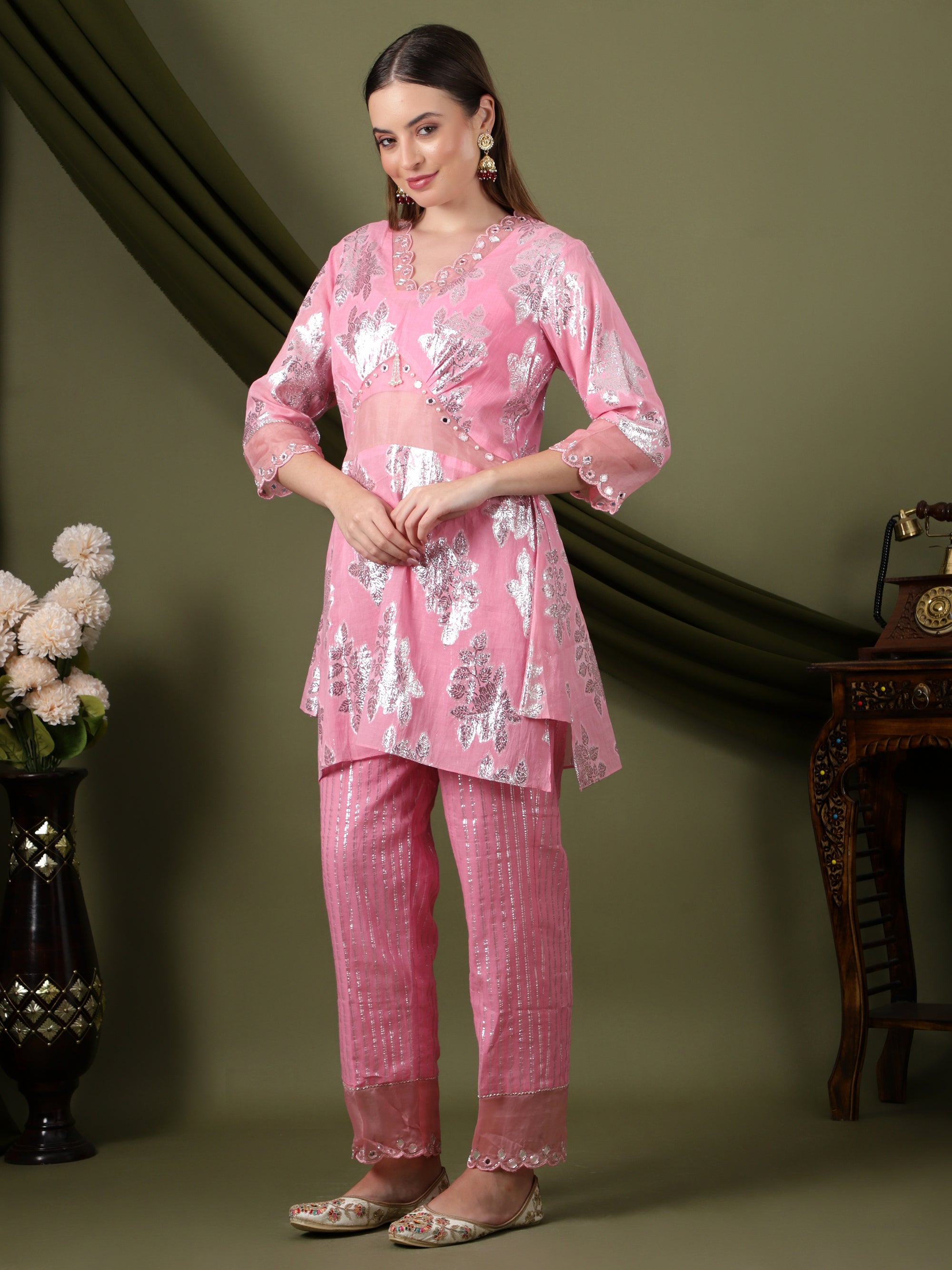 Women Lurex Cotton Co-Ord Set - Pink