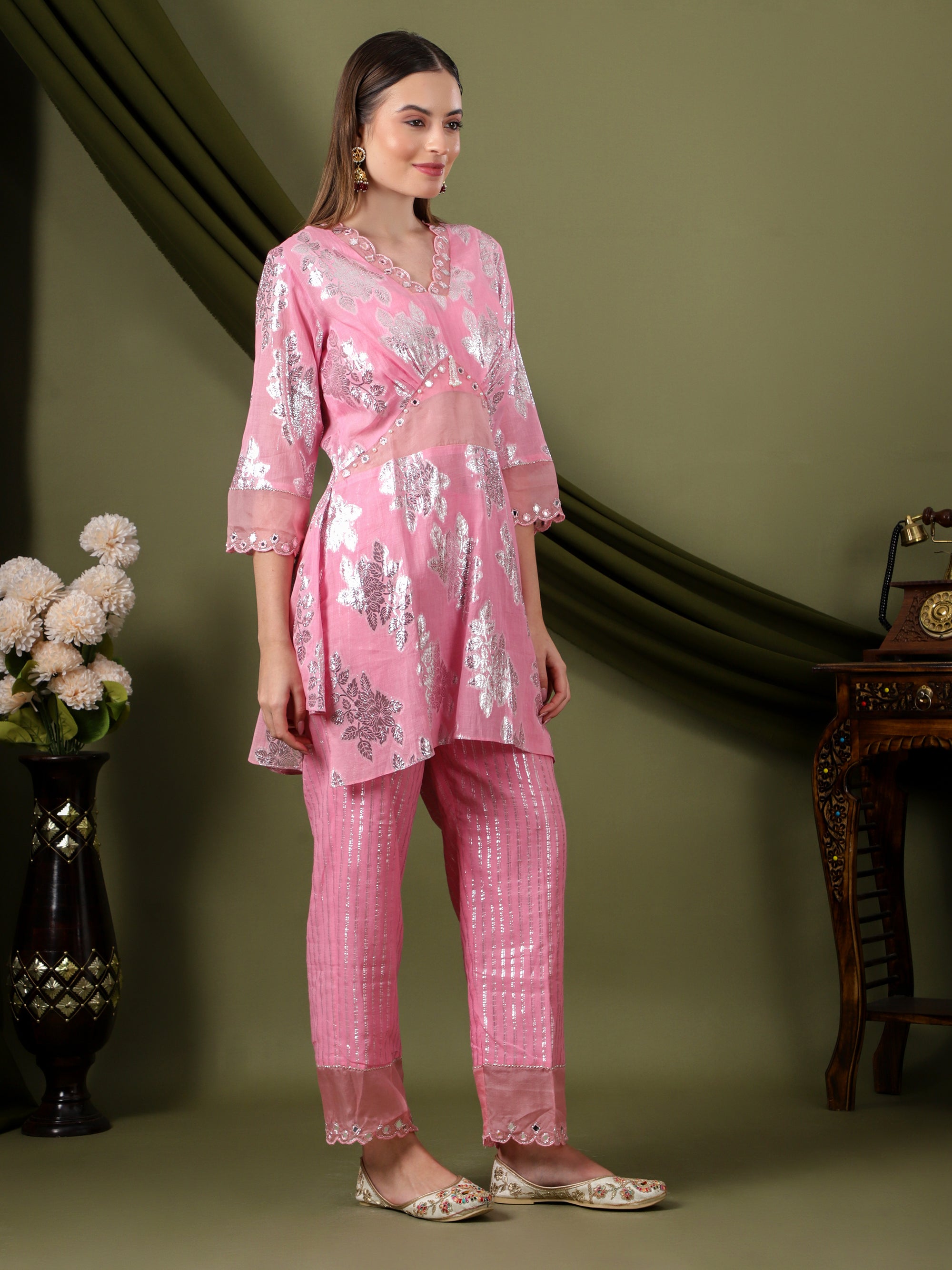 Women Lurex Cotton Co-Ord Set - Pink