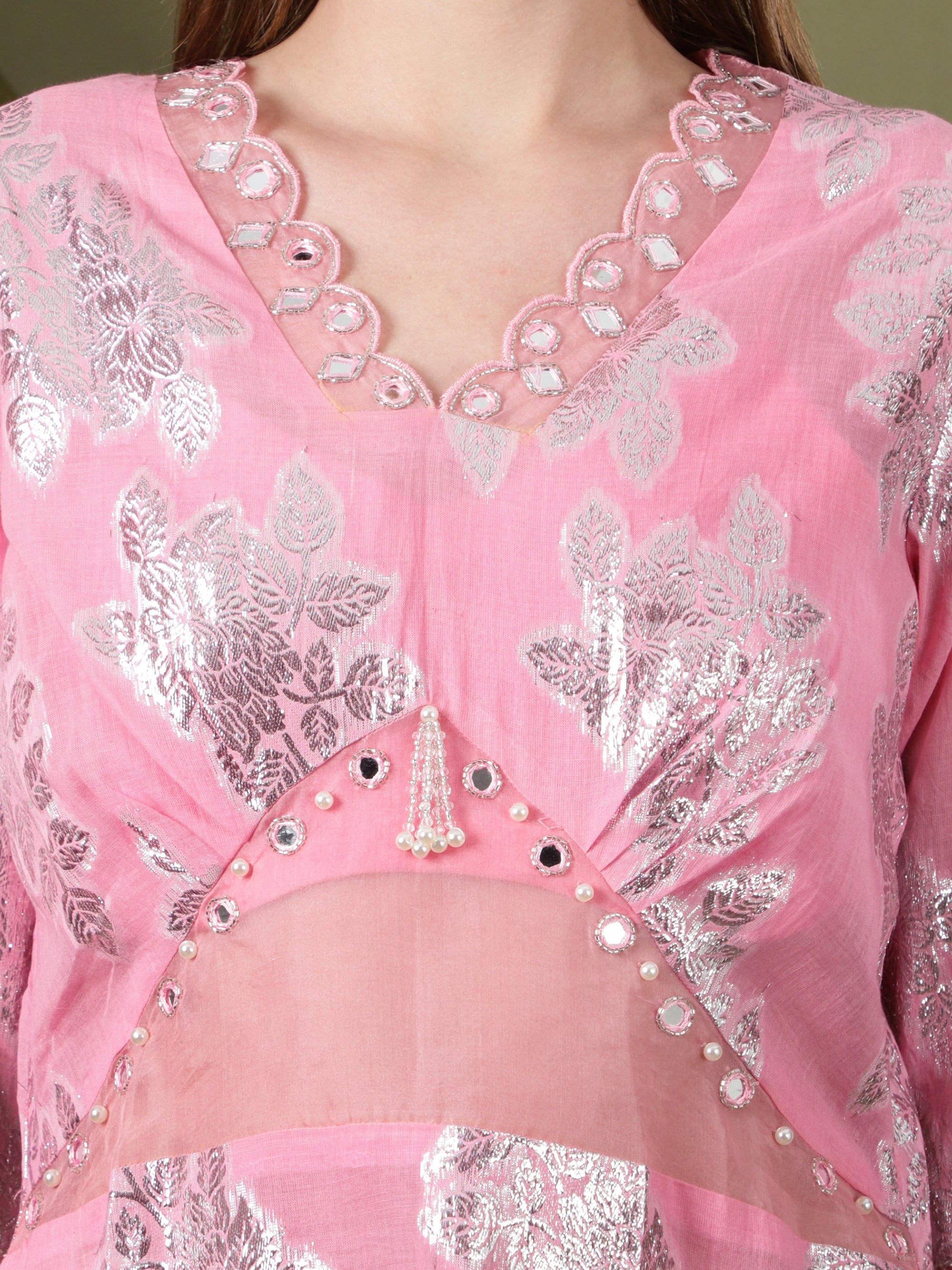 Women Lurex Cotton Co-Ord Set - Pink