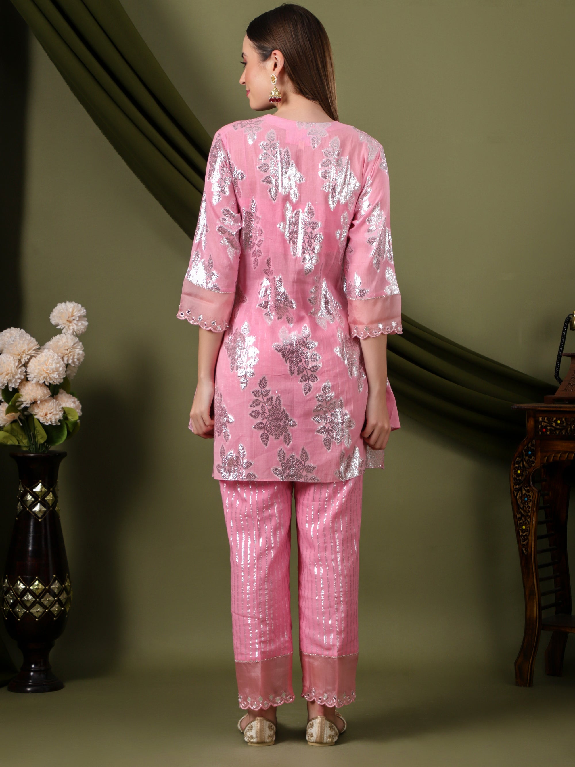 Women Lurex Cotton Co-Ord Set - Pink