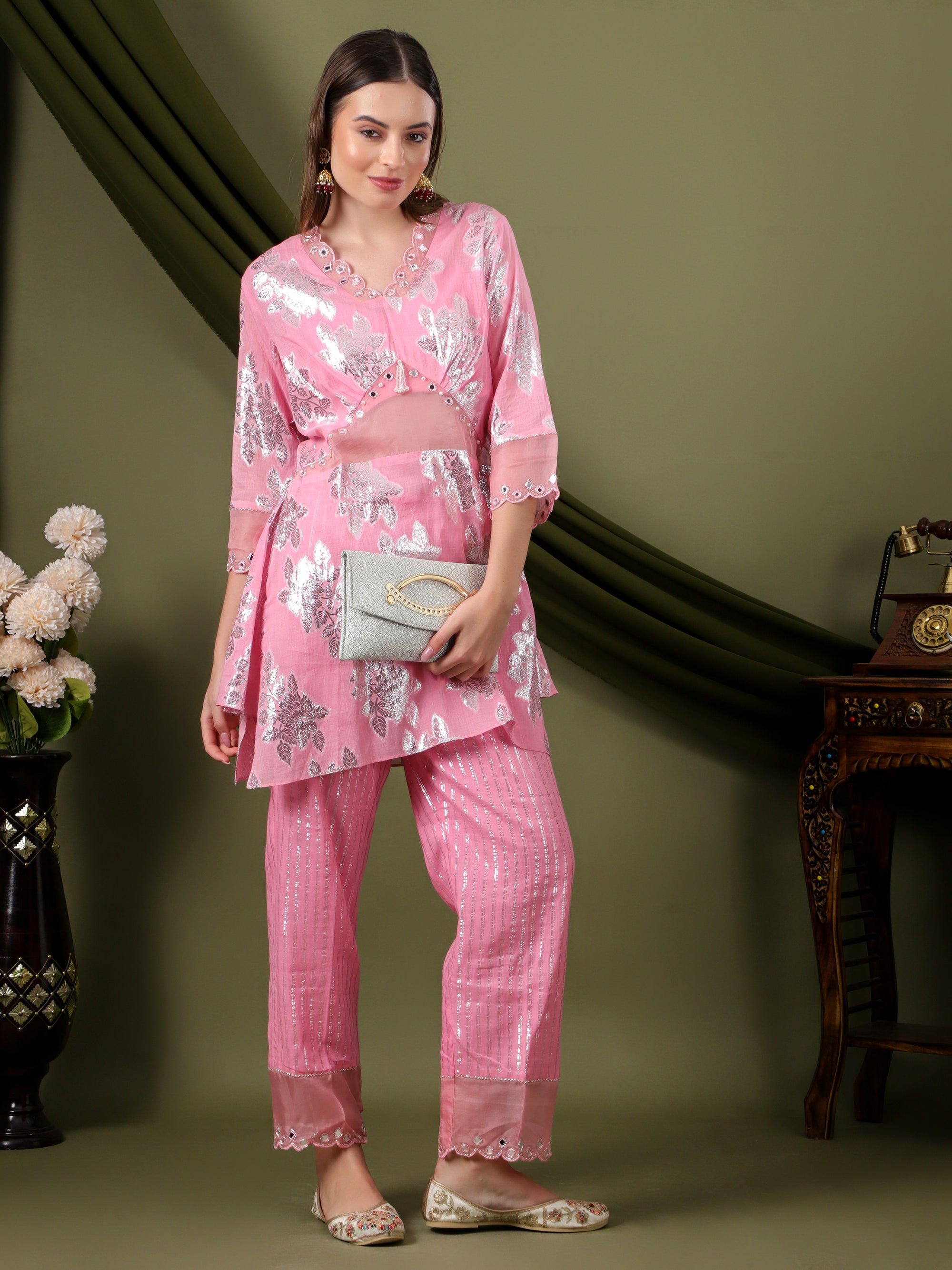 Women Lurex Cotton Co-Ord Set - Pink