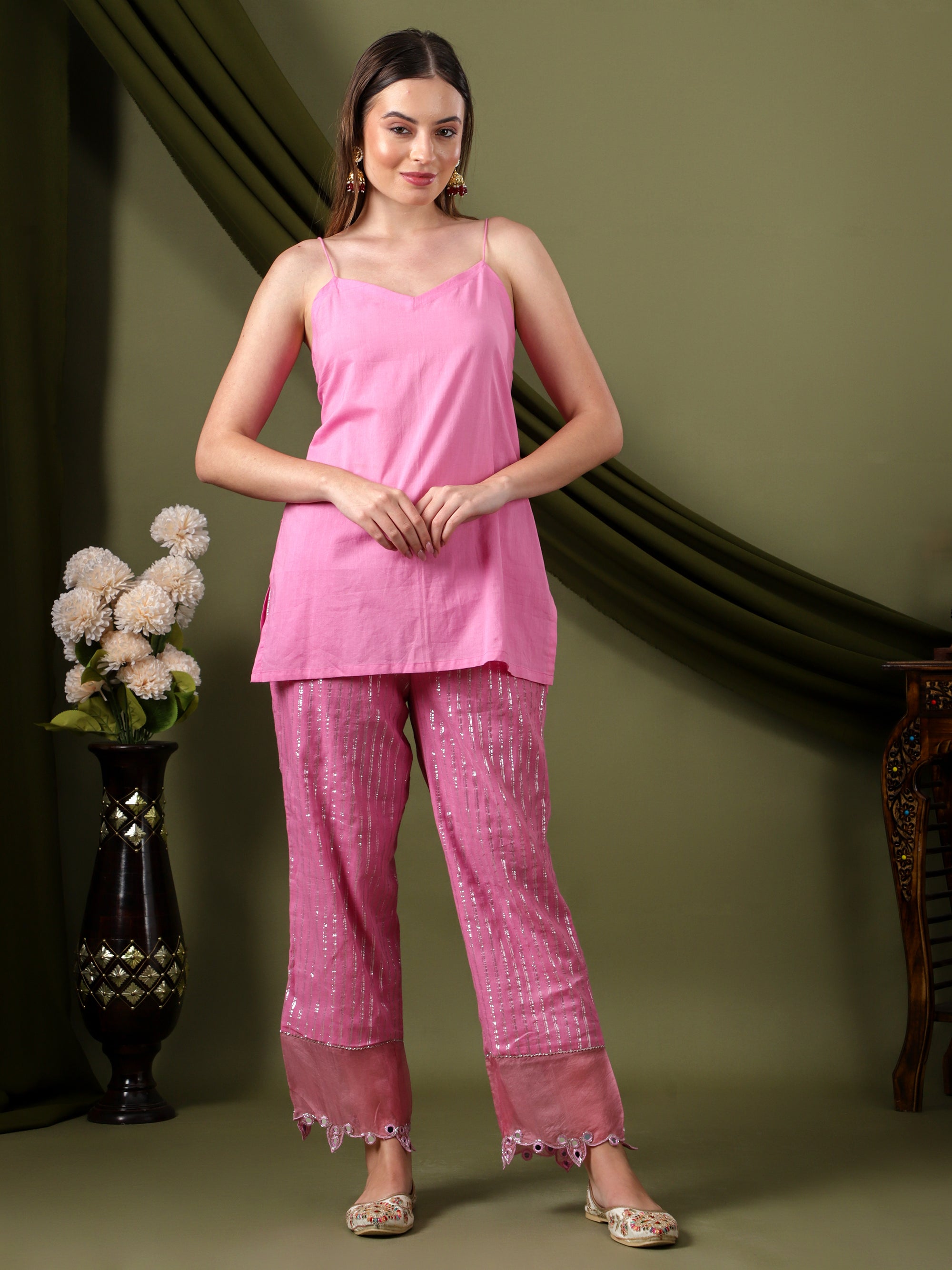Women Lurex Cotton Co-Ord Set  - Pink