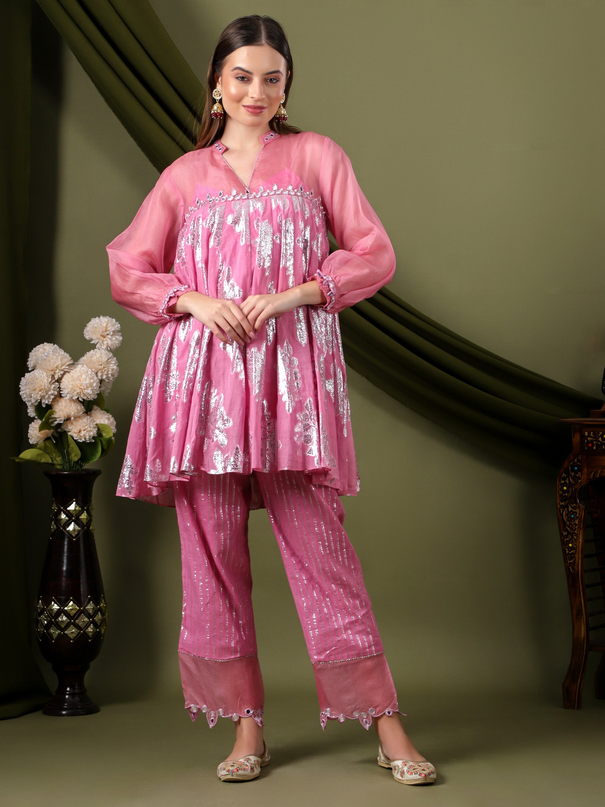 Women Lurex Cotton Co-Ord Set  - Pink