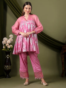 Women Lurex Cotton Co-Ord Set  - Pink