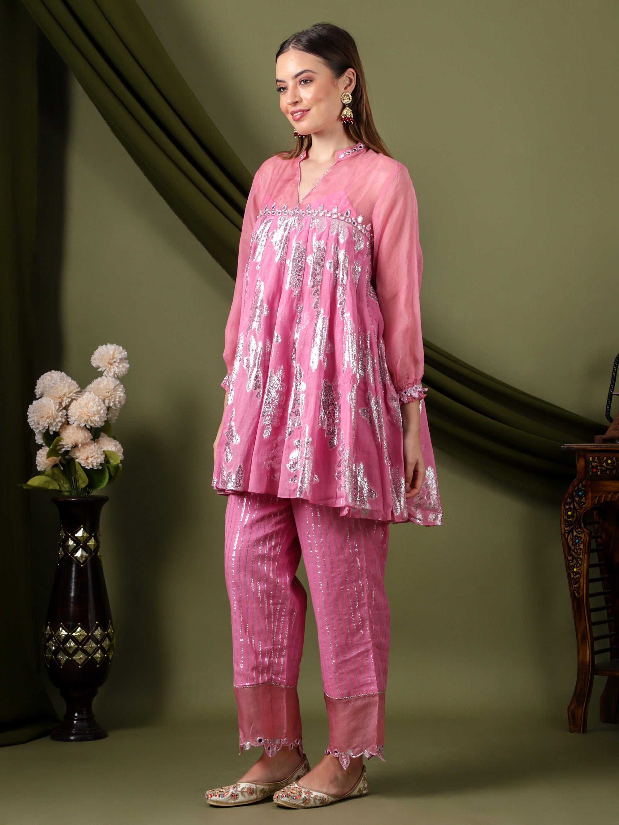 Women Lurex Cotton Co-Ord Set  - Pink