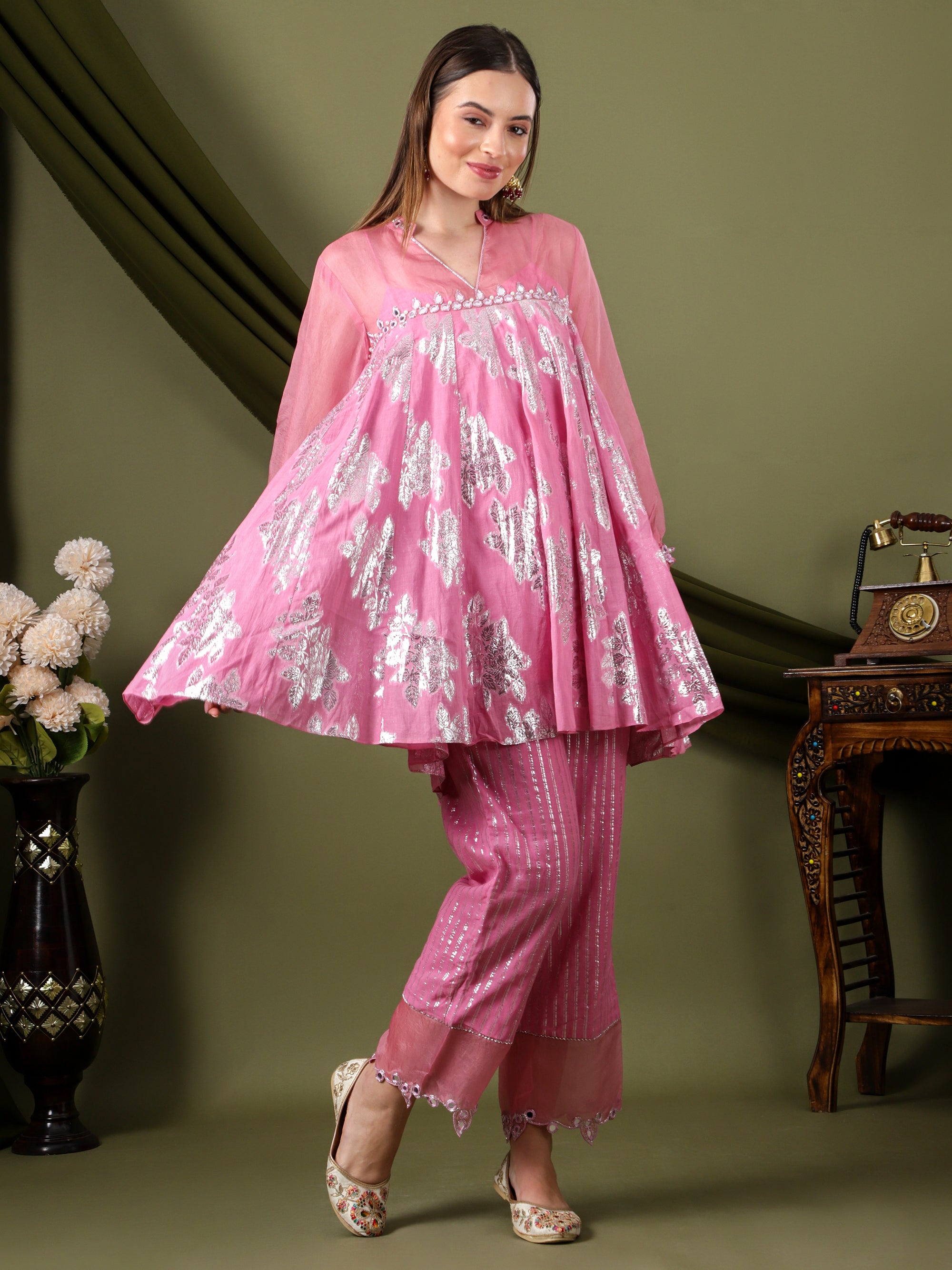 Women Lurex Cotton Co-Ord Set  - Pink