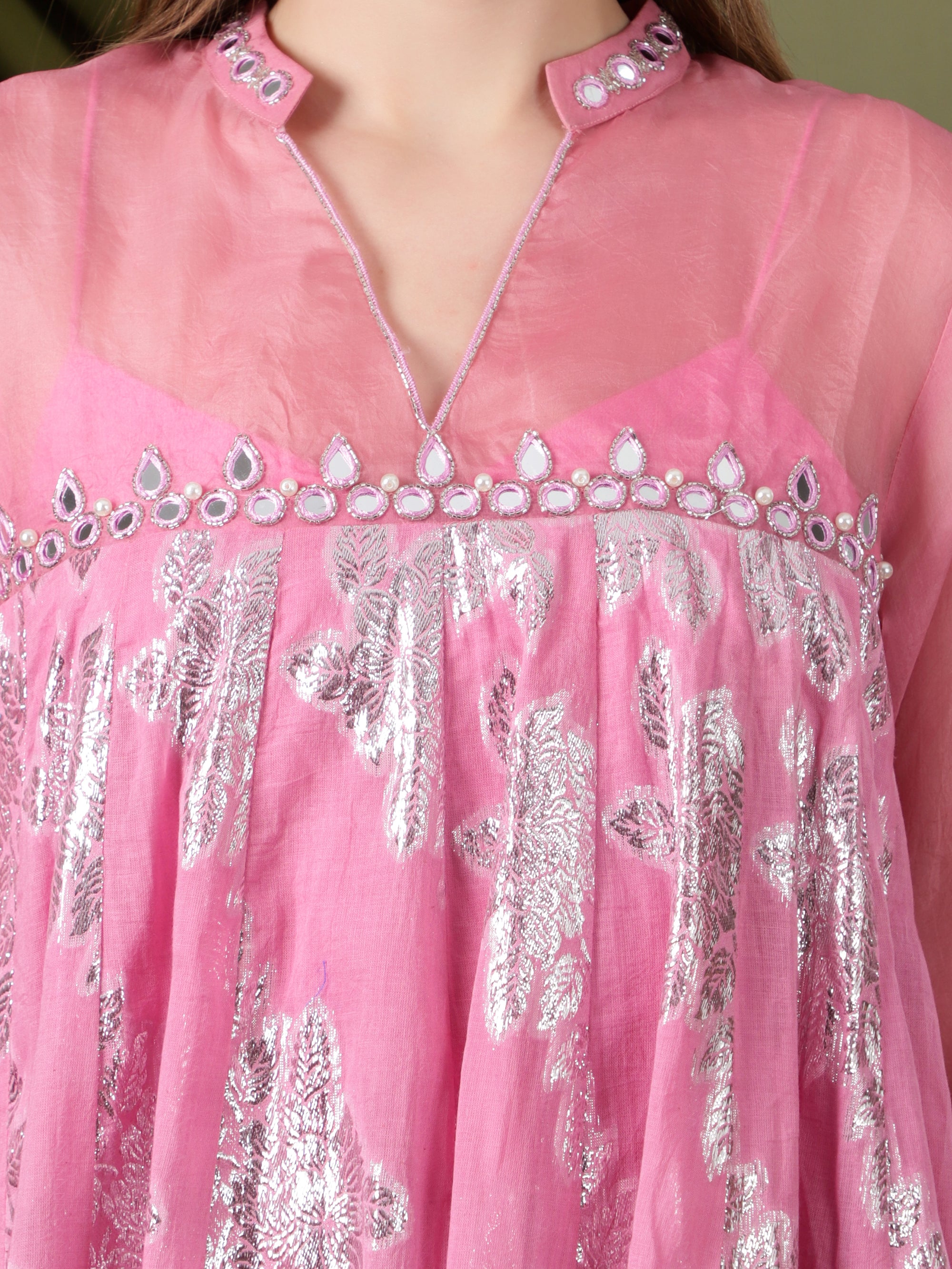 Women Lurex Cotton Co-Ord Set  - Pink