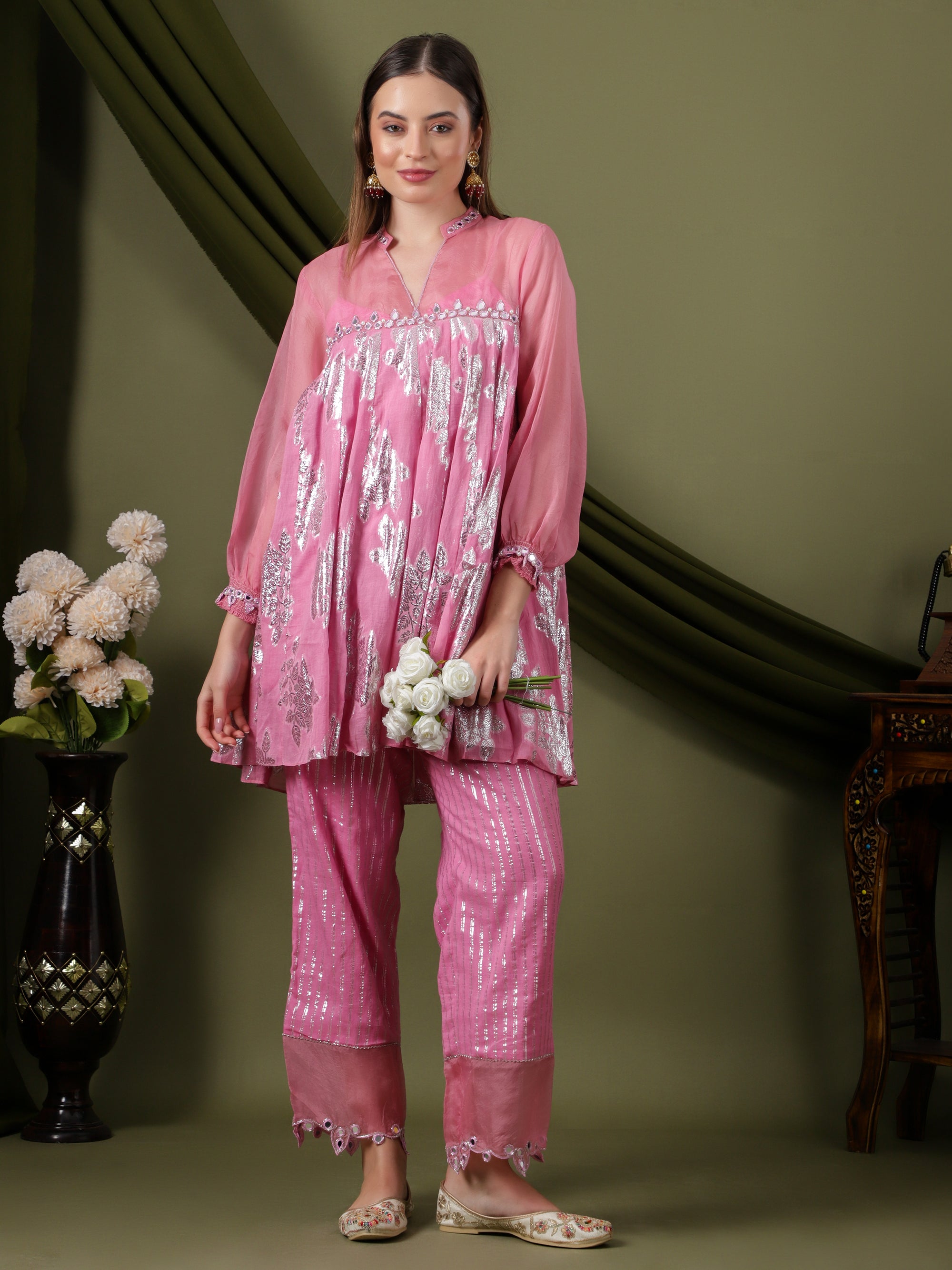 Women Lurex Cotton Co-Ord Set  - Pink