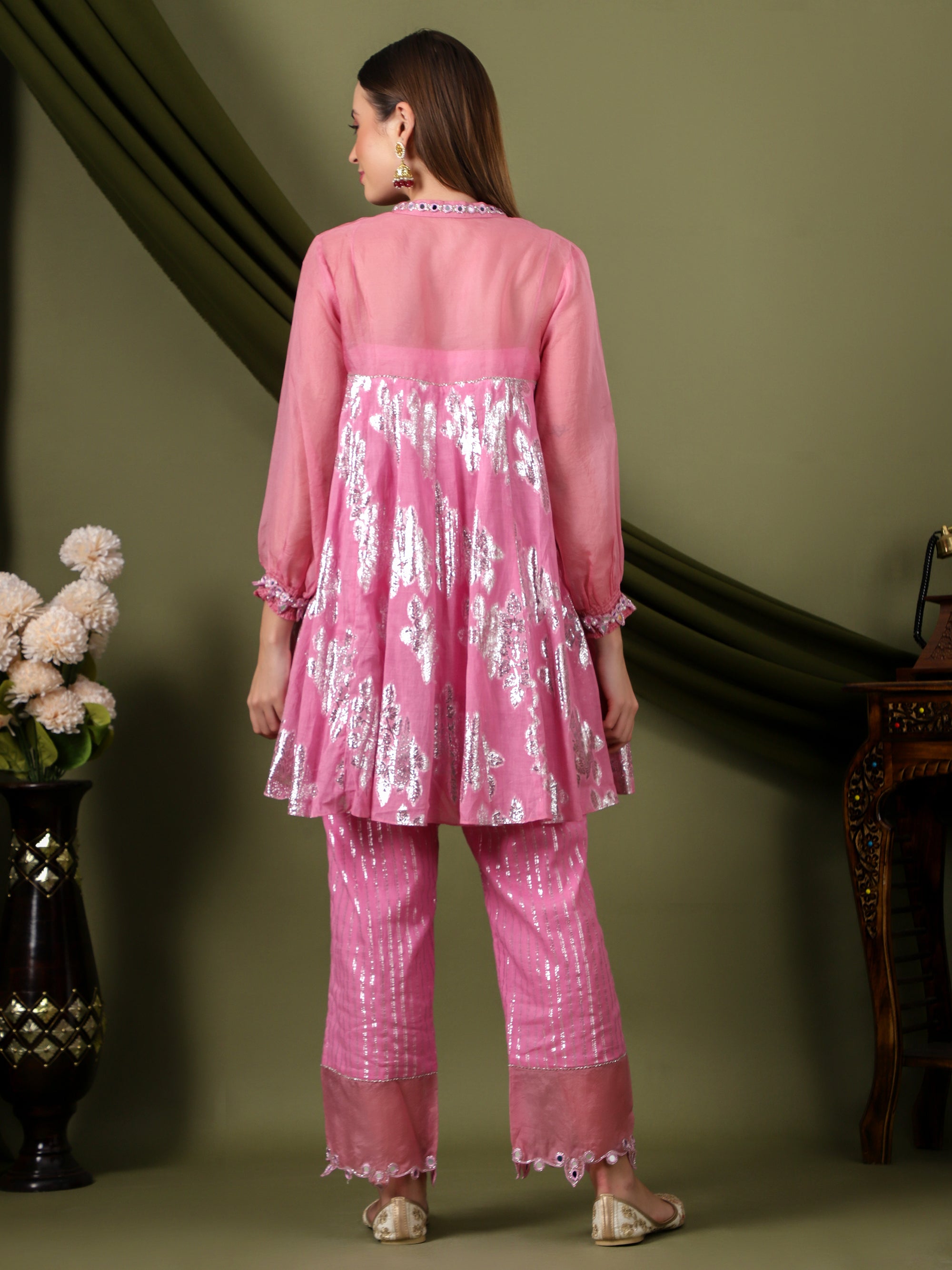 Women Lurex Cotton Co-Ord Set  - Pink