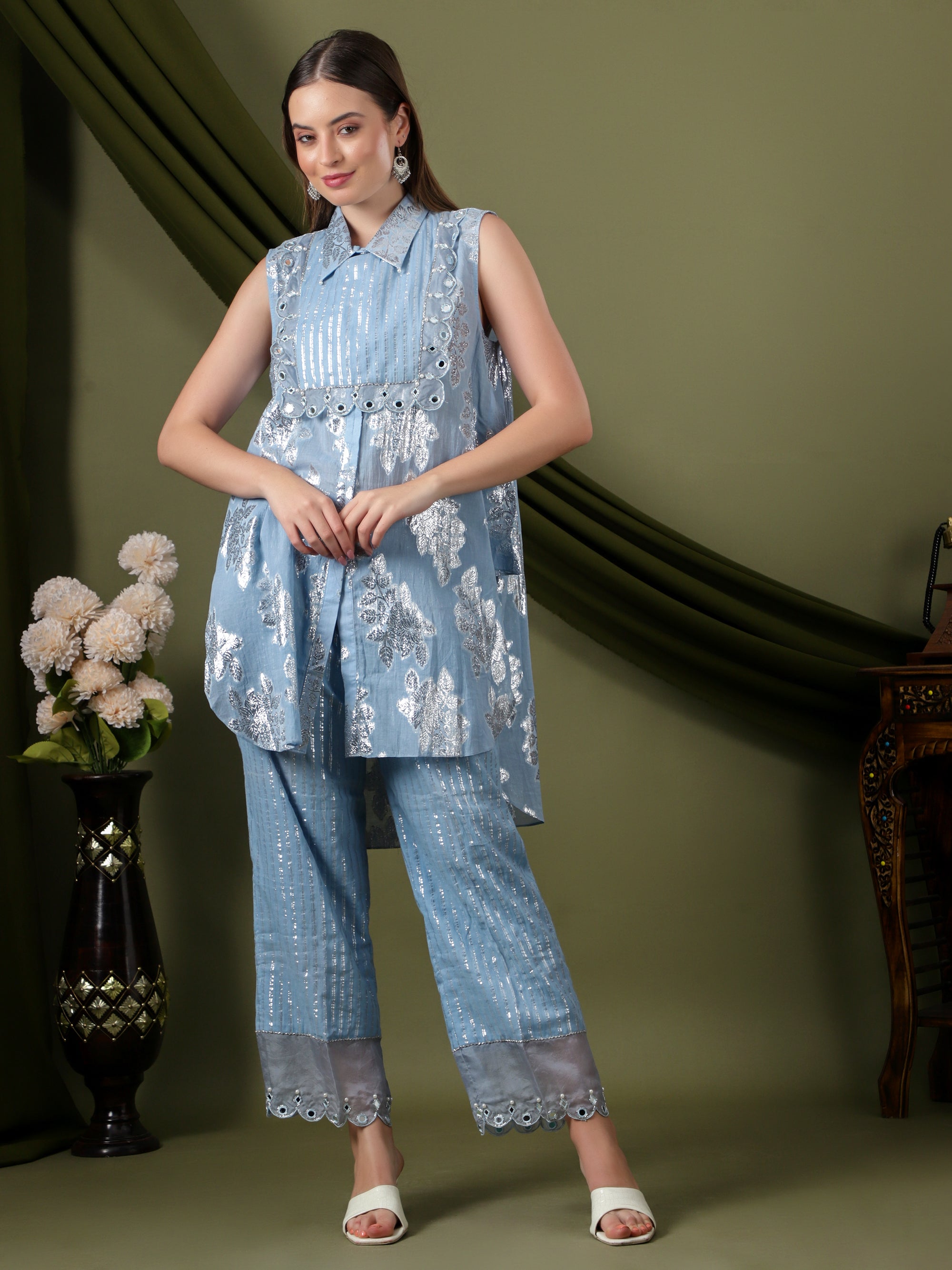 Lurex Cotton Women Co-Ord Set  -  Blue