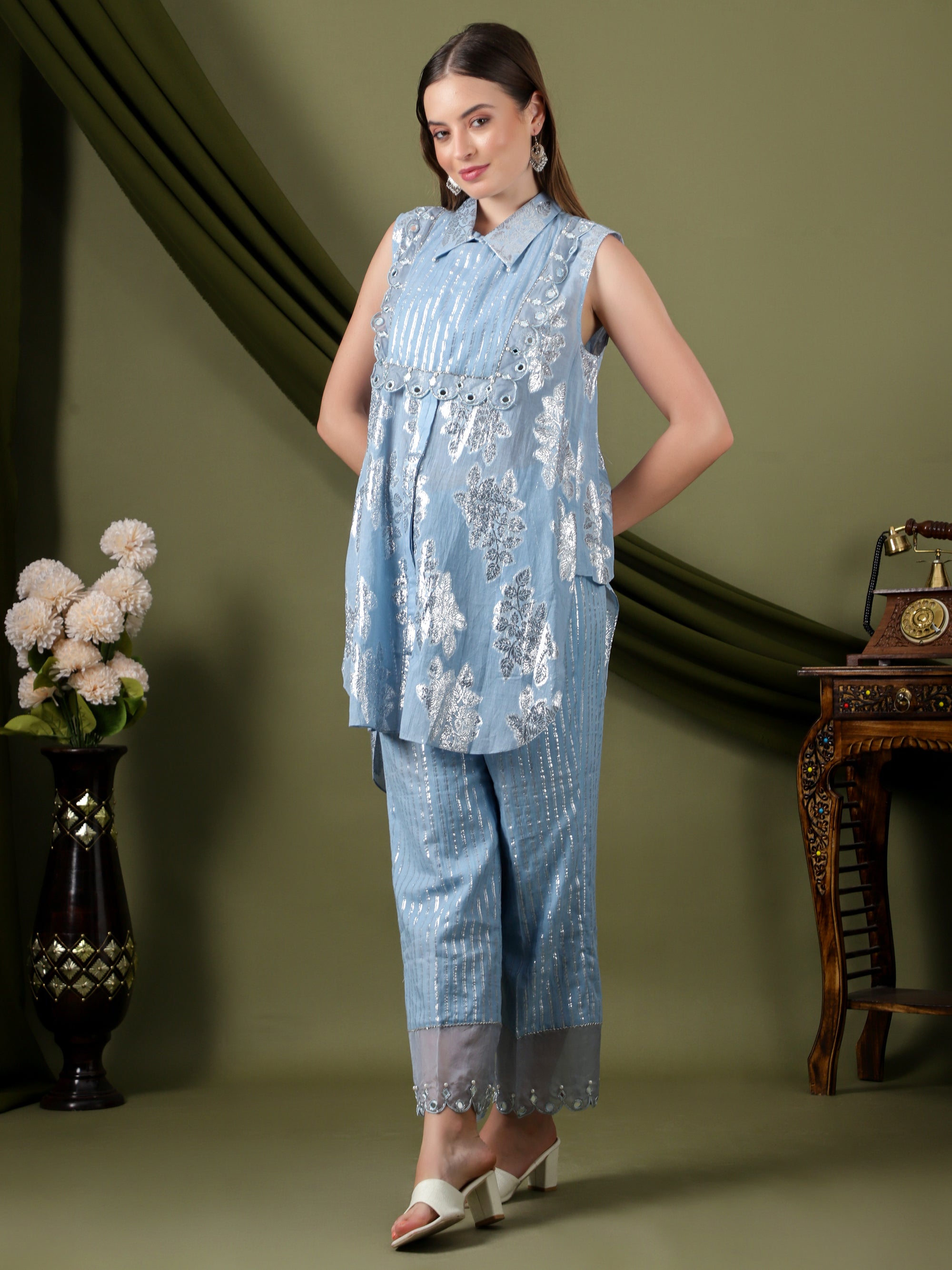 Lurex Cotton Women Co-Ord Set  -  Blue