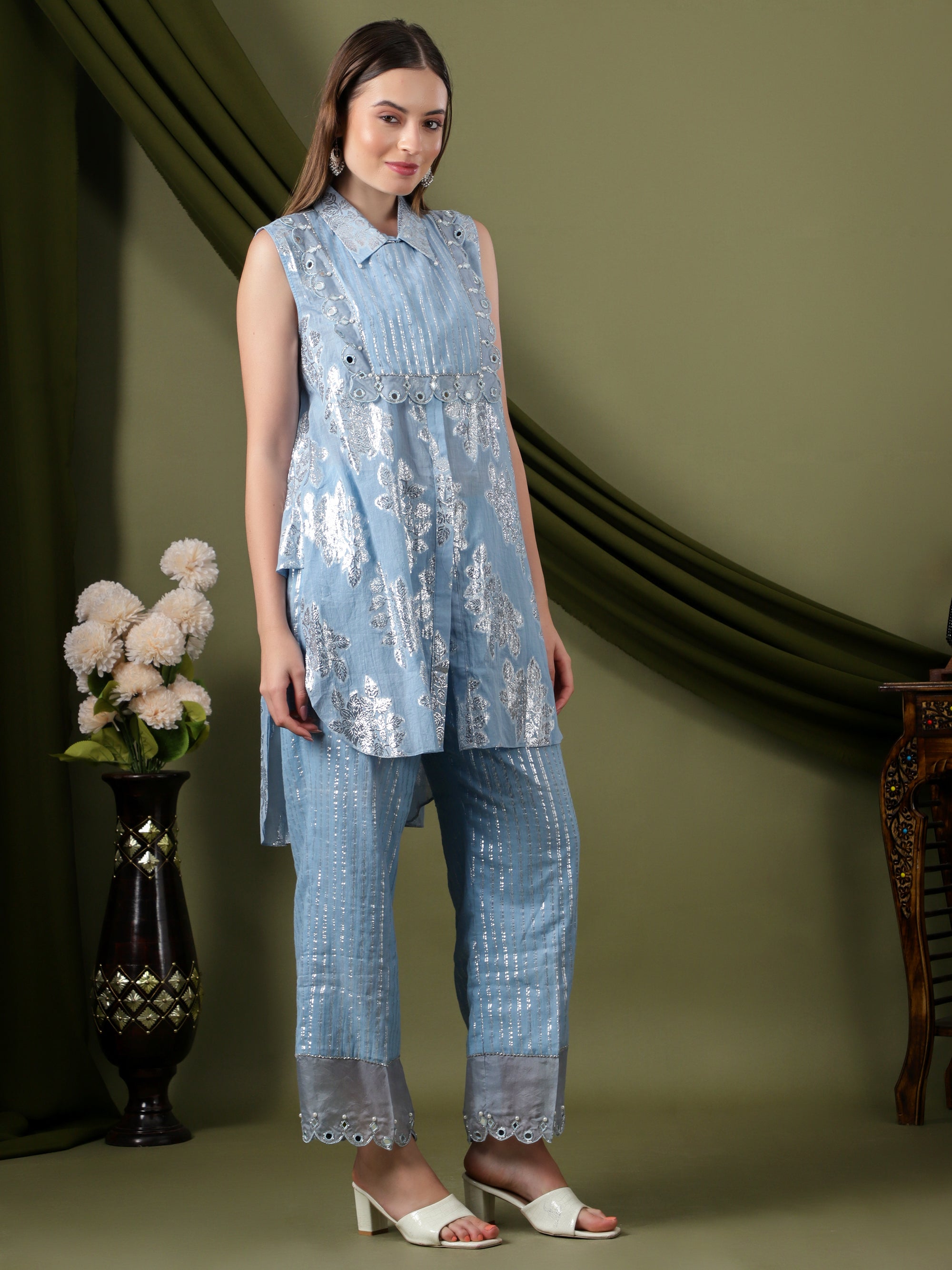 Lurex Cotton Women Co-Ord Set  -  Blue