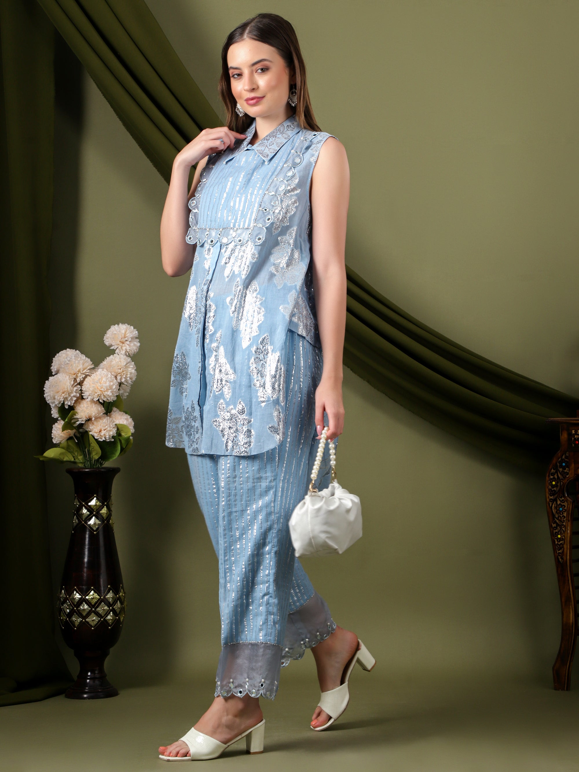 Lurex Cotton Women Co-Ord Set  -  Blue