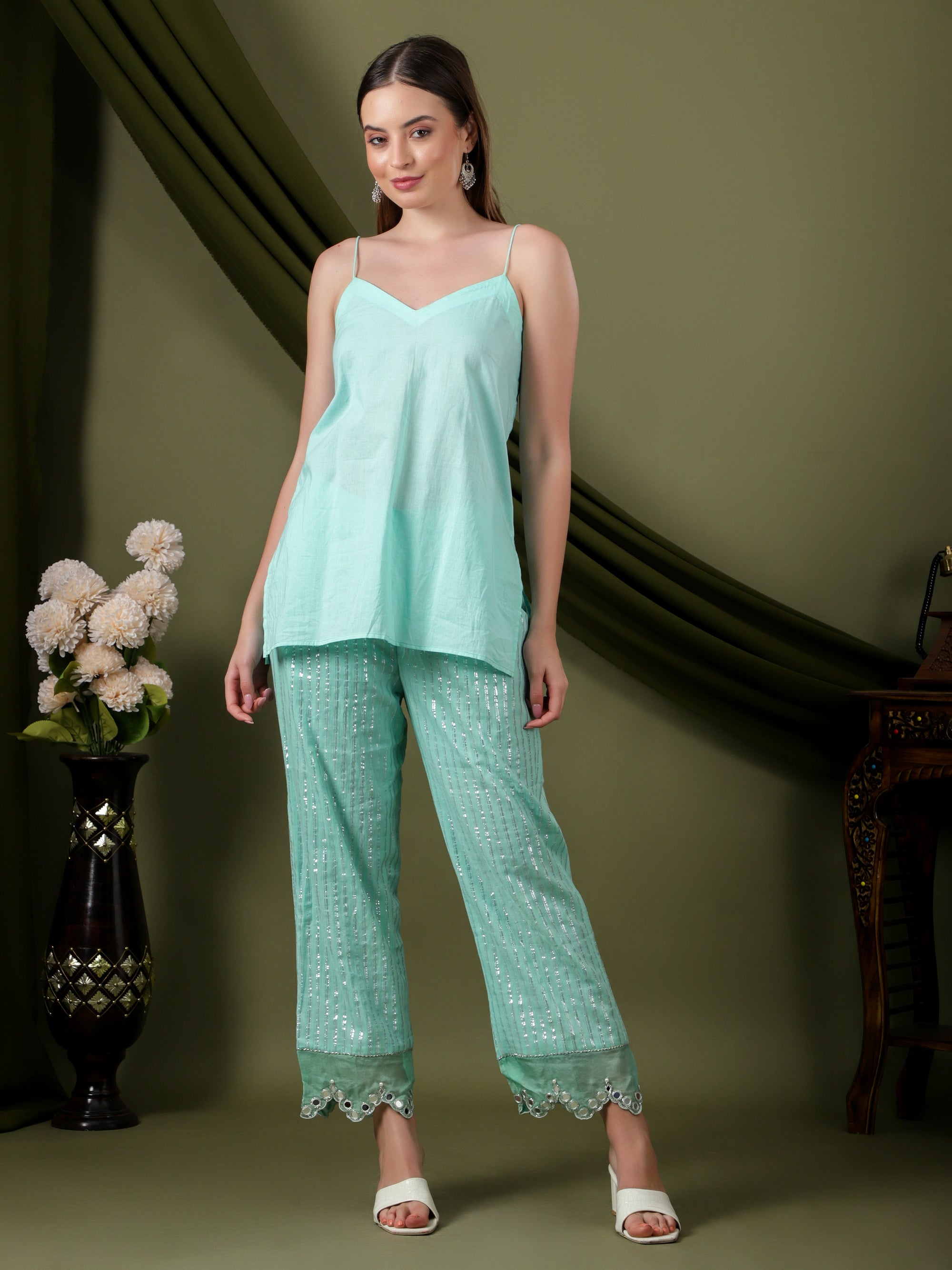 Lurex Cotton Women Kurta Set  -  Aqua Blue