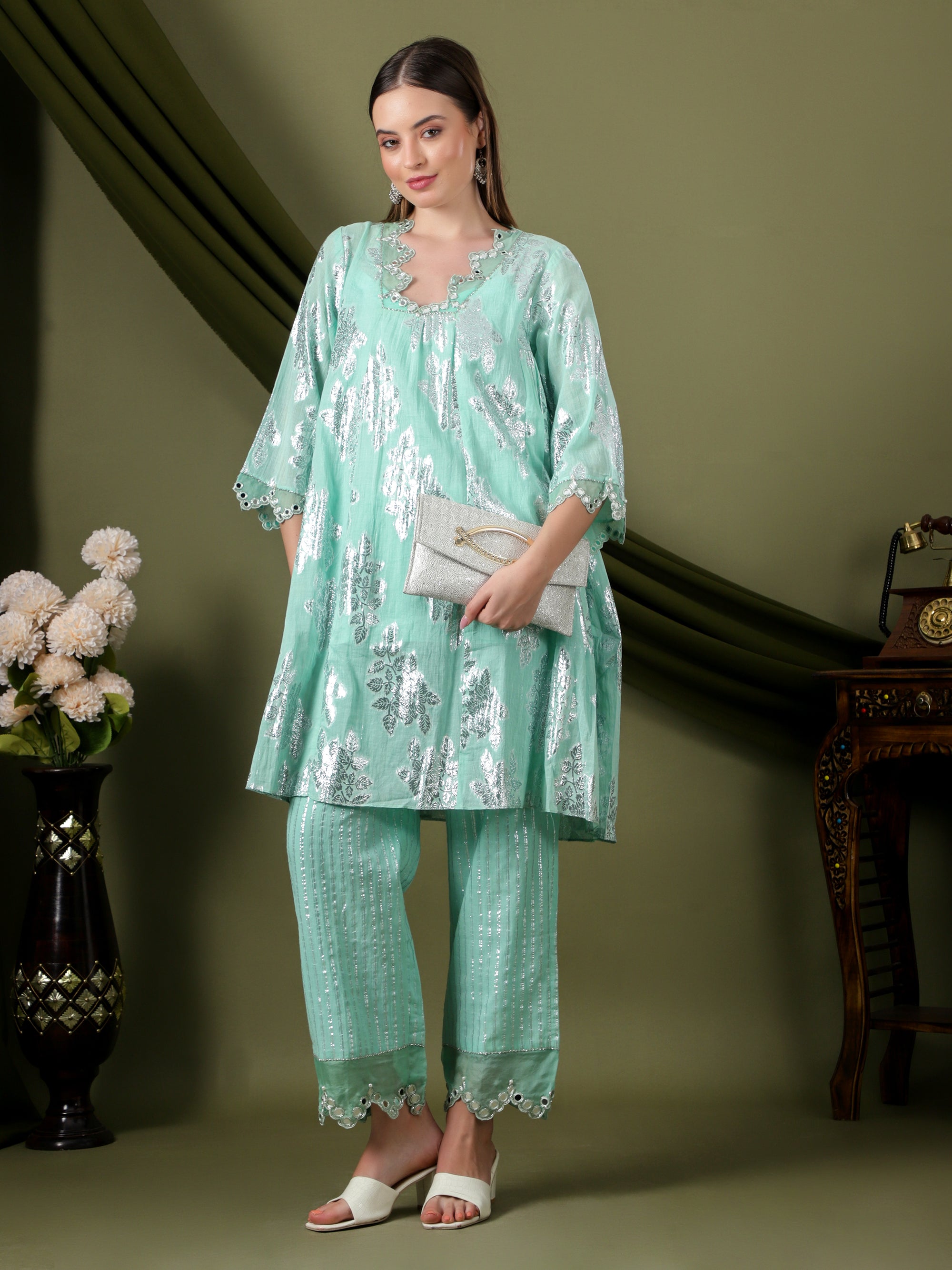 Lurex Cotton Women Kurta Set  -  Aqua Blue