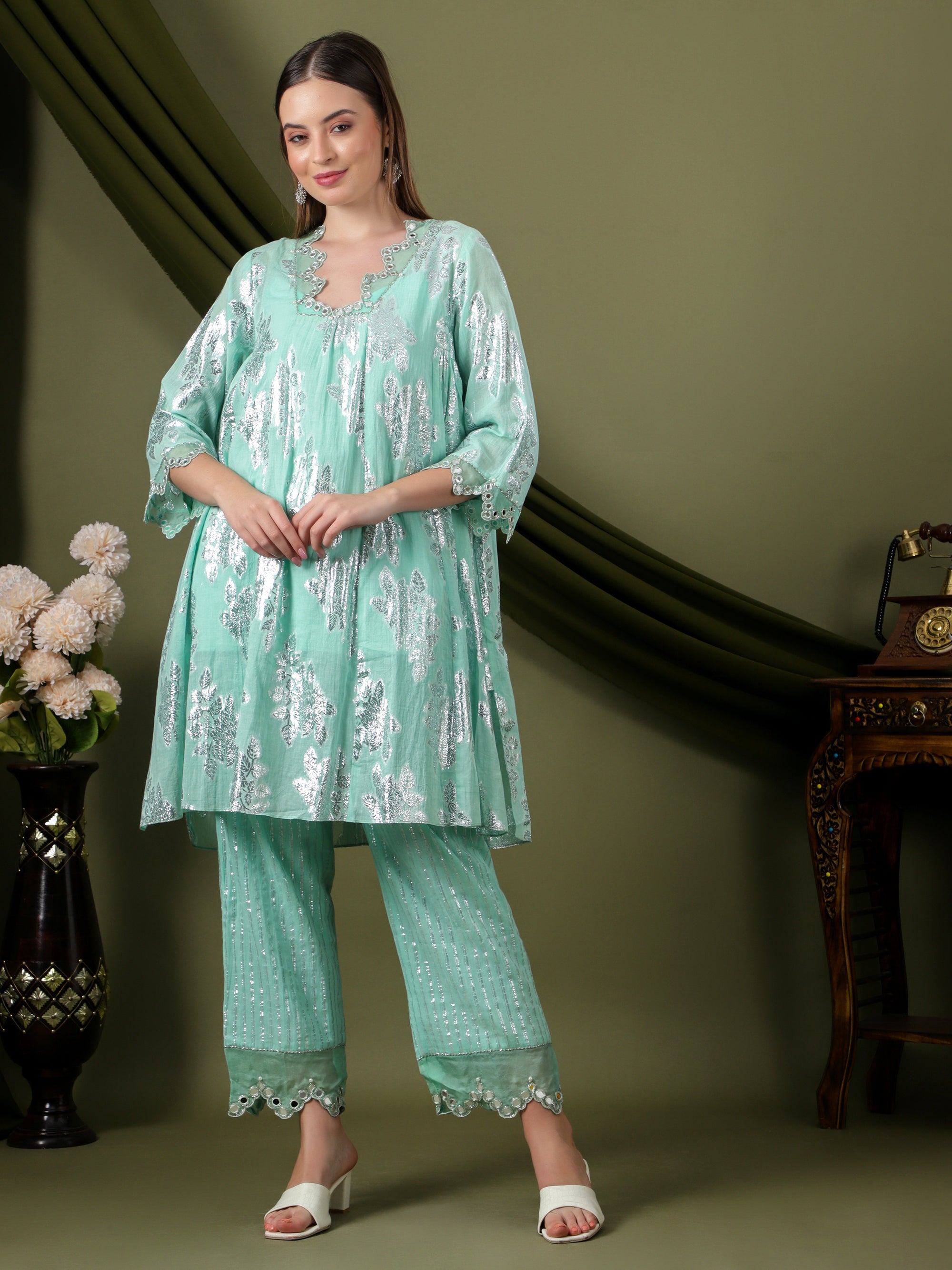 Lurex Cotton Women Kurta Set  -  Aqua Blue