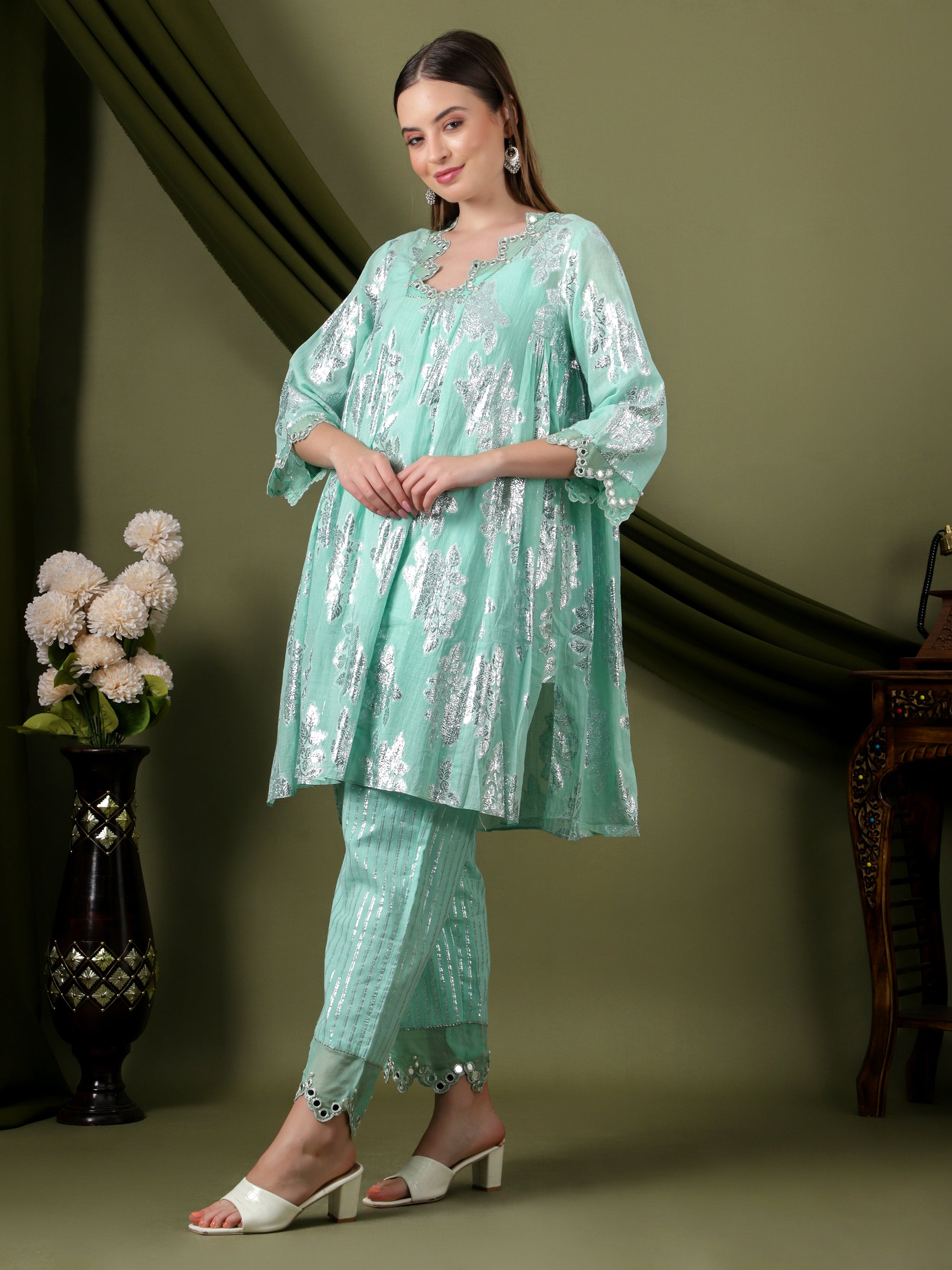 Lurex Cotton Women Kurta Set  -  Aqua Blue