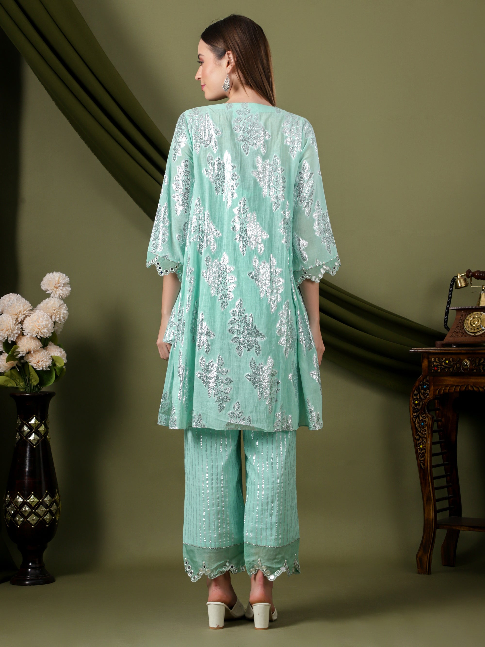 Lurex Cotton Women Kurta Set  -  Aqua Blue