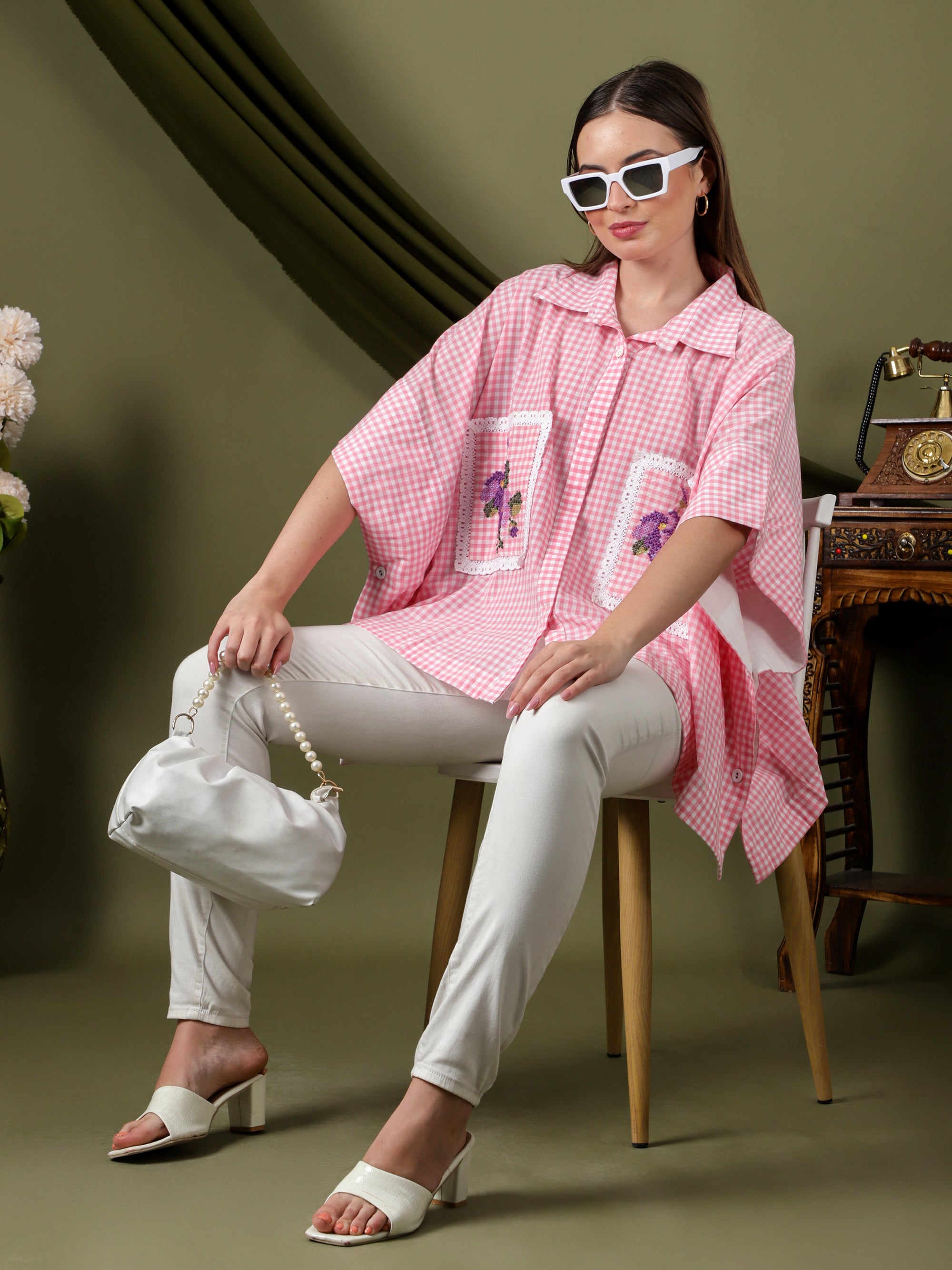 Women Checks Embroidered Top - Pink