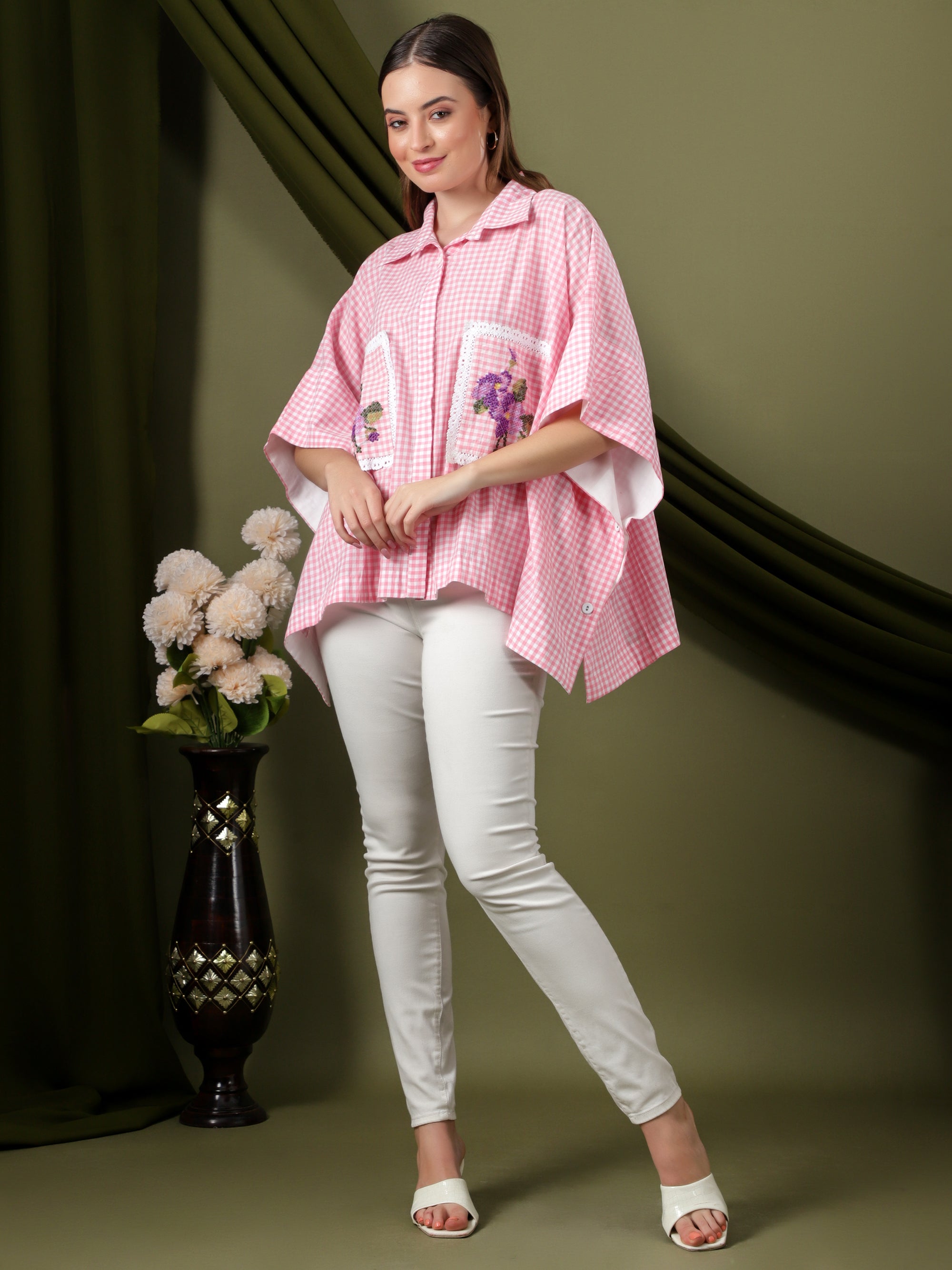 Women Checks Embroidered Top - Pink