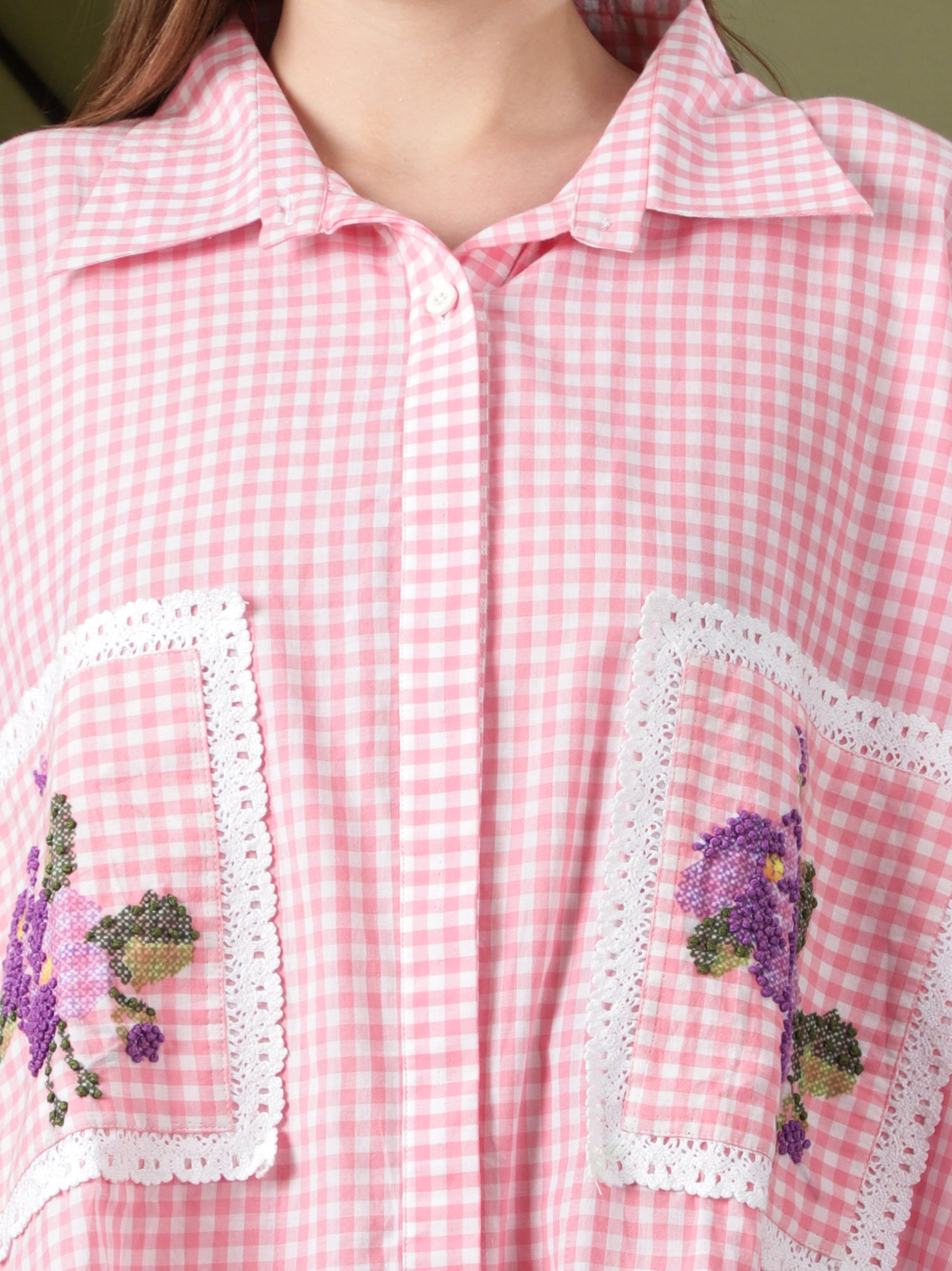Women Checks Embroidered Top - Pink