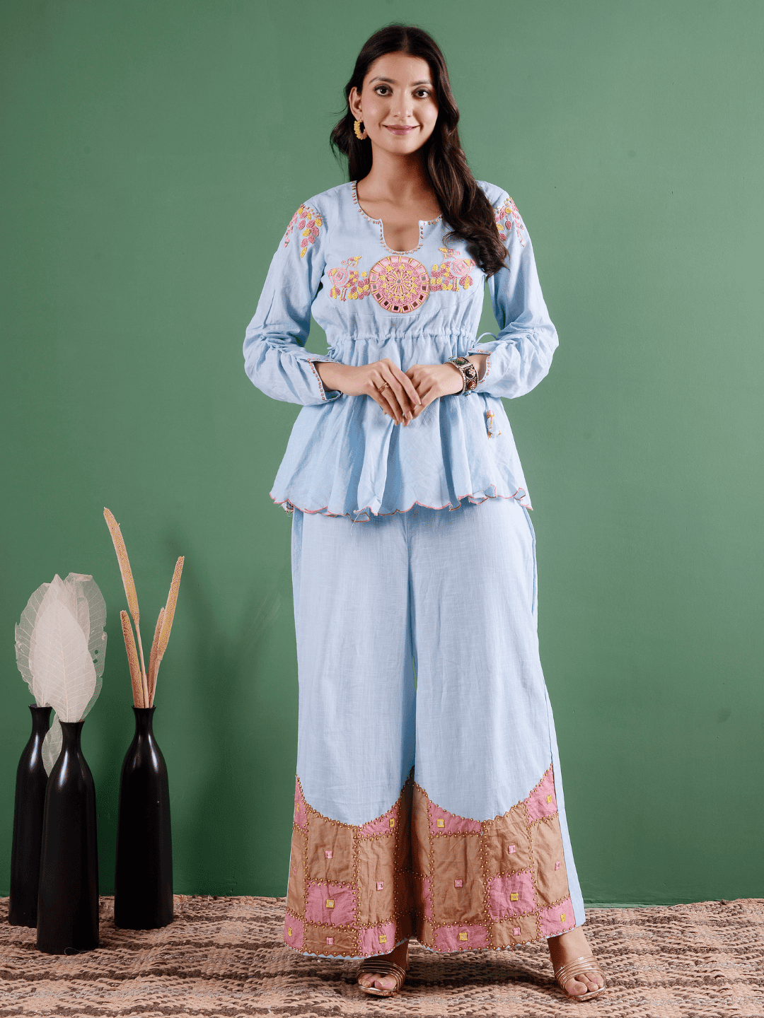 Dust Blue Mirror Work Co-Ord Set