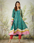 Emrald Green Embroidred  Kurta With Overley Jacket