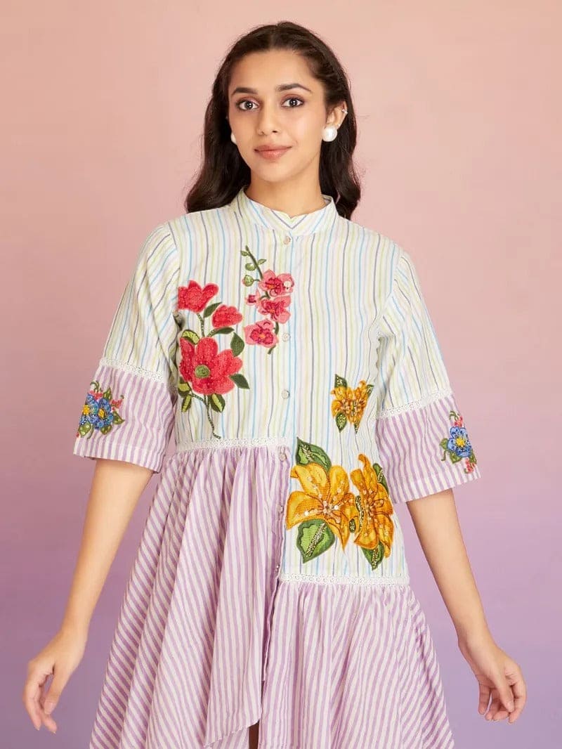 Striped Cotton Patch Work Dress - Multicolor