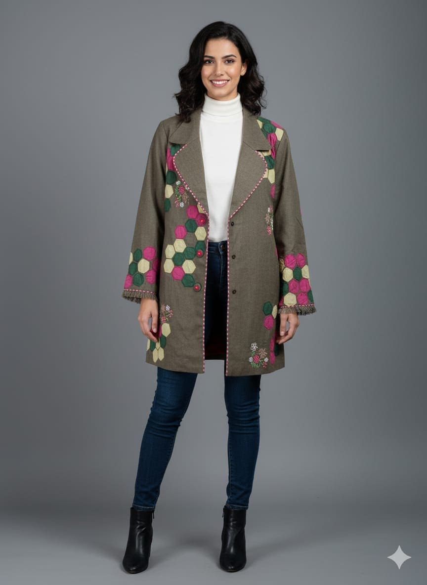 Patch Work Woolen Jacket  - Green