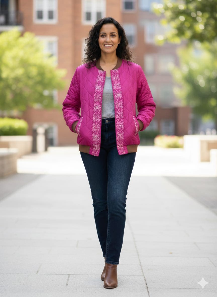 Women Cotton Quilted Jacket - Pink
