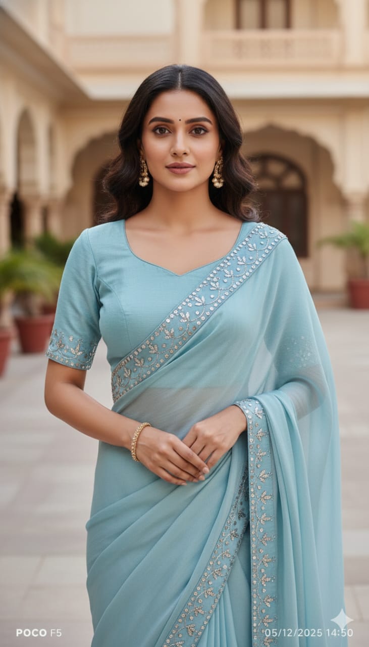 Chanderi Mukaish Blouse With Saree  - Sky Blue