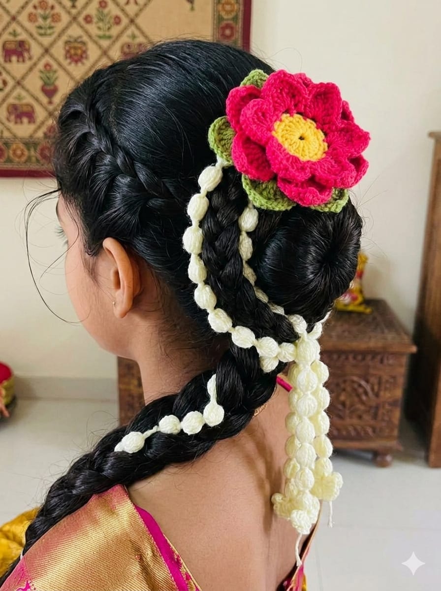 Pink And White Hand Crochet Gajra