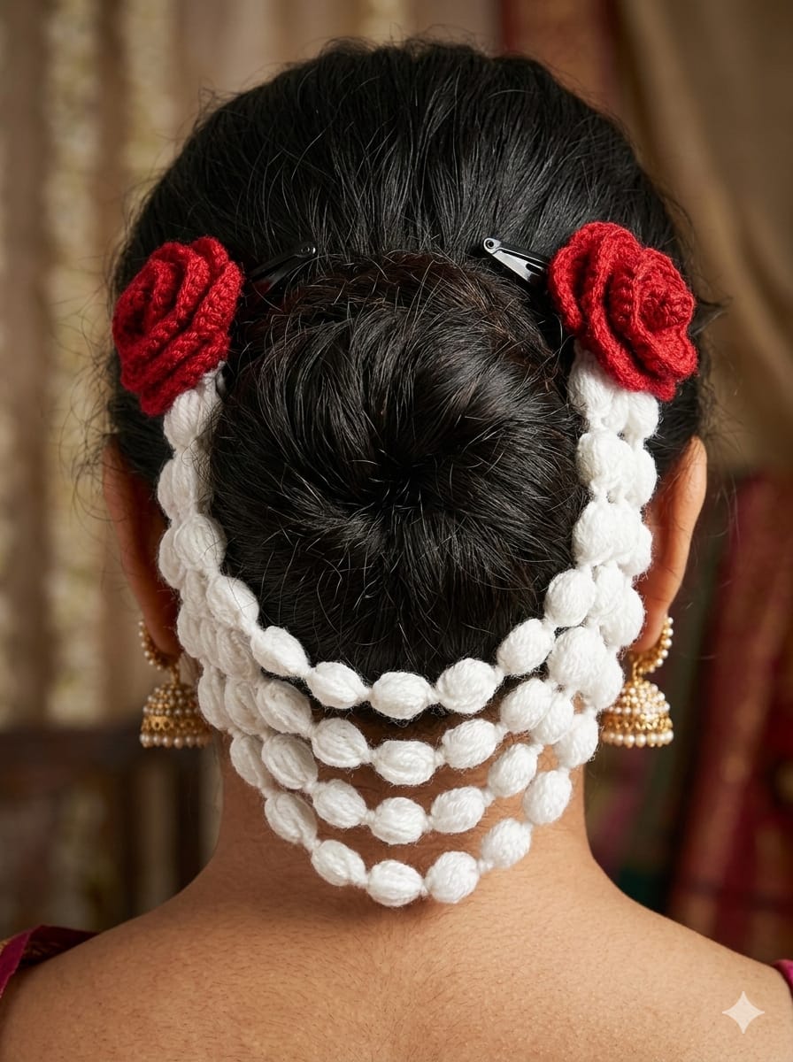 Red And White Hand Crochet Gajra