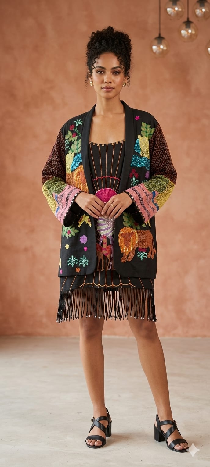 Gond Artwork Dress With Overlay Jacket - Black