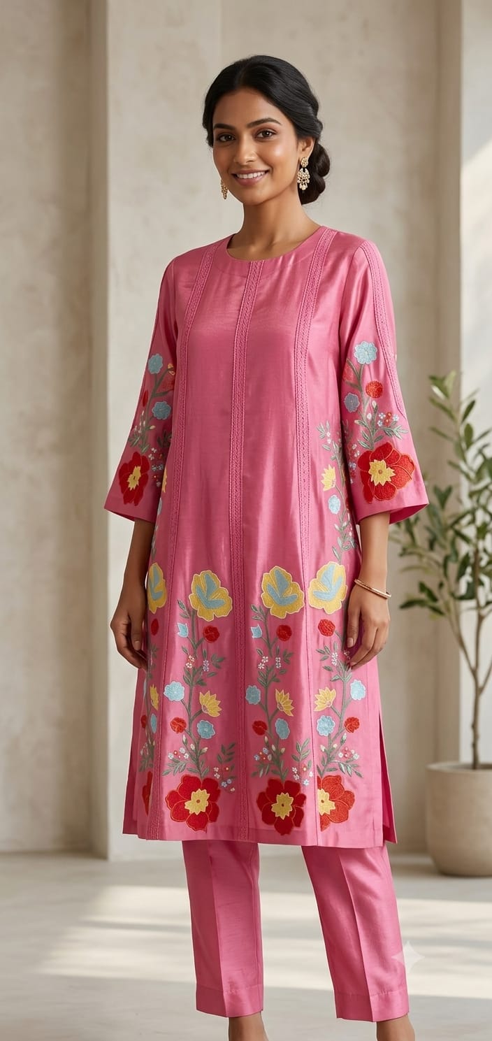 Floral Patch Work Kurta Set - Pink