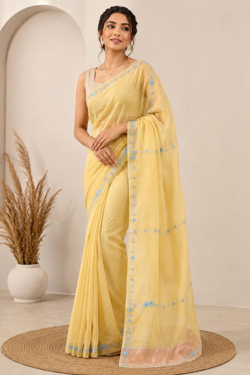 Yellow Embroidered Chanderi Saree