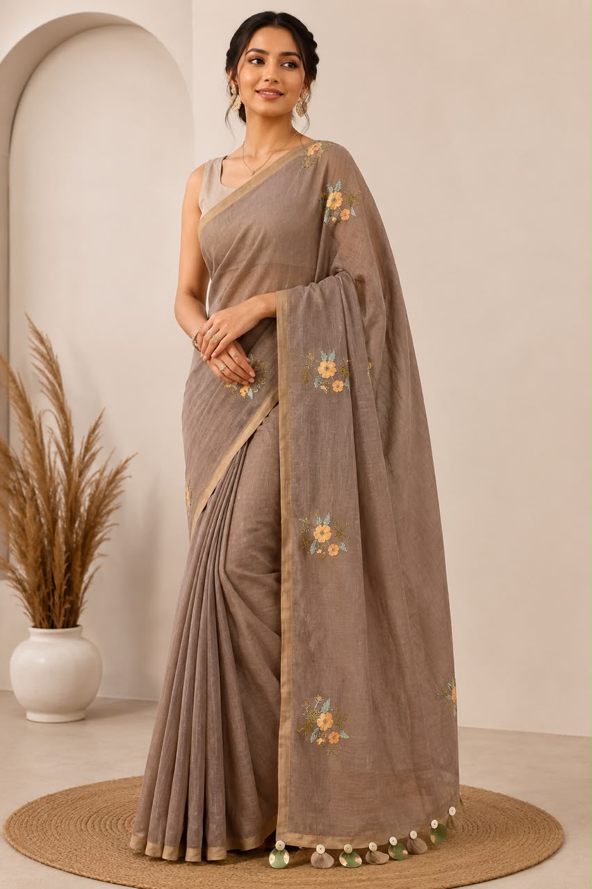 Grey Embroidered Chanderi Saree