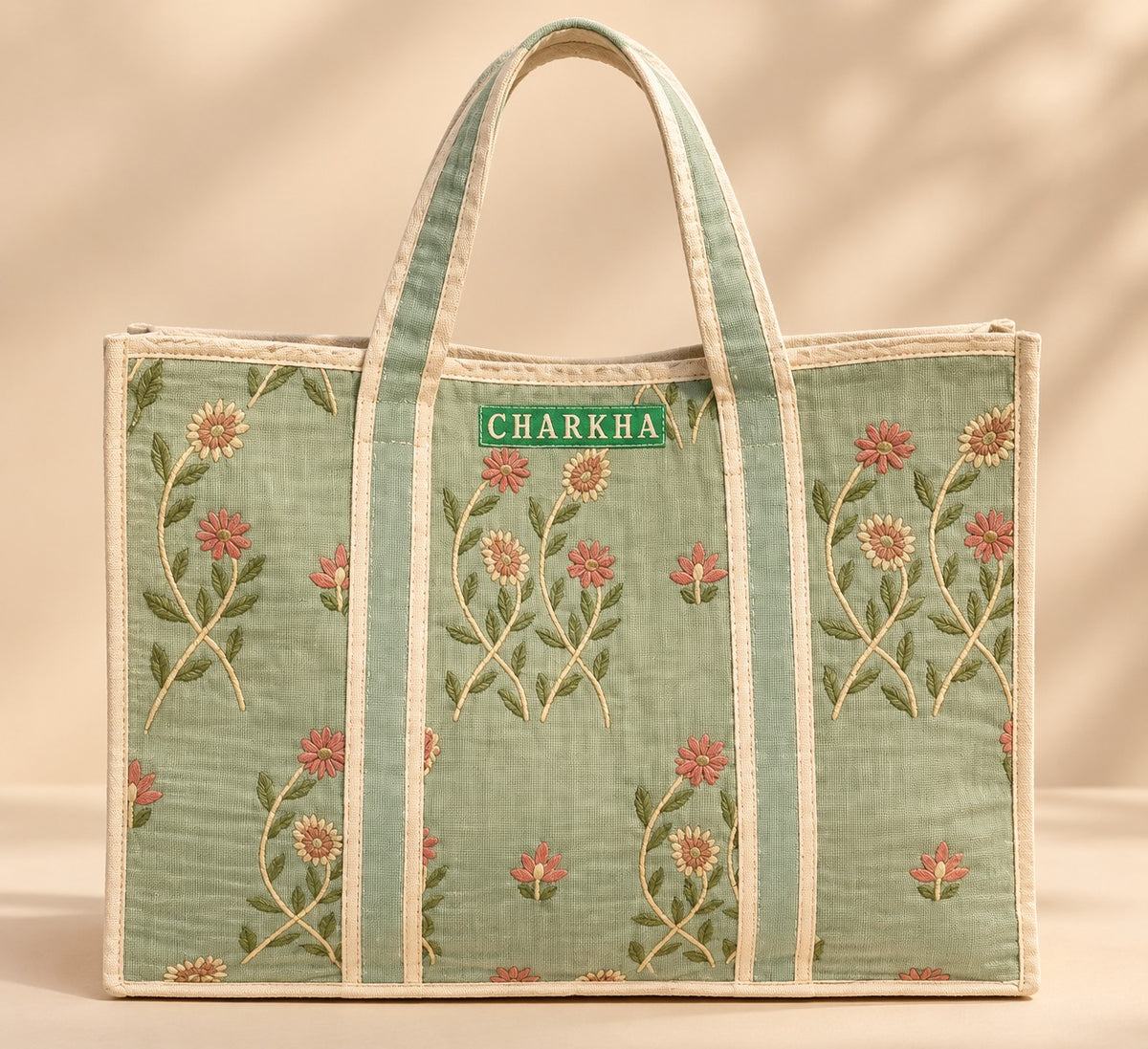 Green Chikan Tote Bag
