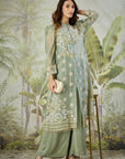 Dusty Green Embroidered Co-ord set with Long Shrug