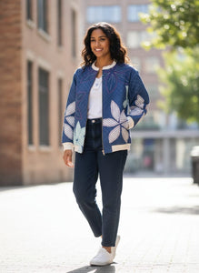 Cotton Khadi Kantha Work Jacket - Blue