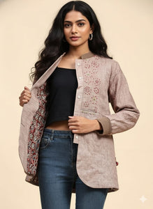 Khadi Cotton Kantha Jacket - Beige