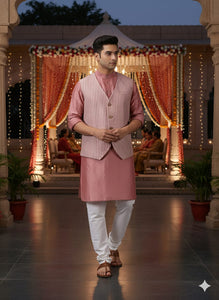 Chanderi Men Sadri & Kurta Set - Peach