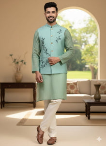 Cotton Men Kurta set - Light Green