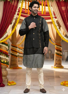 Chanderi Silk Men Kurta Set - Black
